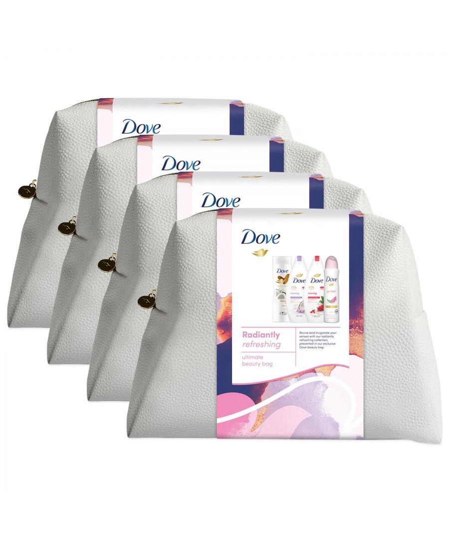 Dove Body&Bath RadiantlyRefreshing Ultimate Beauty Bag 4pcs Gift Set For Her 4pk\n\nKnow someone who’s into confidence-inspiring natural beauty in a big way? You’ve just found the perfect gifts for her. Dove believes that beauty is not defined by shape, size, or colour. It’s about feeling like the best version of yourself. Authentic. Unique. Real.\n\nDove packed this set of gifts for women full of Dove products that will transform her daily routine into a caring ritual. The gift set features four full-sized Dove products designed to comfort her senses with soft fragrances & ingredients to nourish and care for her skin, all packed into an exclusive Dove beauty bag, Dove Relaxing Body Wash 225 ml, Dove Reviving Body Wash 225 ml, Dove Restoring Care Lotion 200 ml and Dove Go Fresh Pomegranate and Lemon Verbena Anti-perspirant 150 ml.\n\nRelaxing Body Wash: Dove Relaxing Body Wash 225 ml wraps her in a cloud of rich, creamy lather for a soothing sensory experience that will leave her feeling truly relaxed. Its ultra-moisturising and the microbiome-gentle formula is sulphate SLES-free and formulated with Triple Moisture Serum to provide instant softness and lasting nourishment for even the driest skin. Infused with coconut oil and almond milk,\n\nReviving Body Wash: Enlivened with a pomegranate and hibiscus tea scent, Dove Reviving Body Wash 225 ml will awaken and refresh her senses whilst ensuring her microbiome is given the nutrients it needs to protect itself and minimise skin dryness.\n\nRestoring Care Body Lotion: Dove Restoring Care Body Lotion 200 ml deeply moisturises dry skin to leave it feeling beautifully soft and smooth. Its creamy scent will soothe her senses, helping her indulge in a restorative experience. Delivering all-day freshness through odour-fighting technology.\n\nEach Gift Set Includes:\n\n1x Dove Relaxing Body Wash, 225ml\n1x Dove Reviving Body Wash, 225ml\n1x Dove Restoring Care Body Lotion, 200ml\n1x Dove Go Fresh Anti-Perspirant Deodorant, 150ml