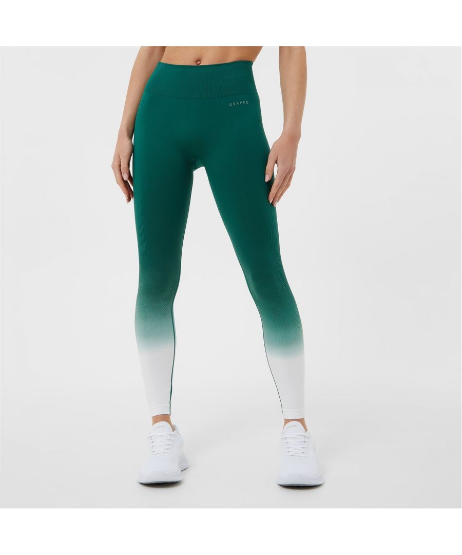 USA Pro Seamless Ombre Leggings - Feel your best in the USA Pro seamless ombre leggings. Stylish and figure-flattering, these high rise leggings will give you the confidence and support you need. Pro-dry fabric and sweat wicking keeps you cool and dry while squat-proof technology means you can feel confident they'll be 100% opaque and stay in place while you train. Style with the ombre sports bra for the ultimate workout co-ord. Key Fabric Features - > Pro-dry > Ombre effect > High waisted > Seamless > Marl: 48% nylon, 38% polyester, 13% elastane > Plain: 90% nylon, 10% elastane > Machine washable