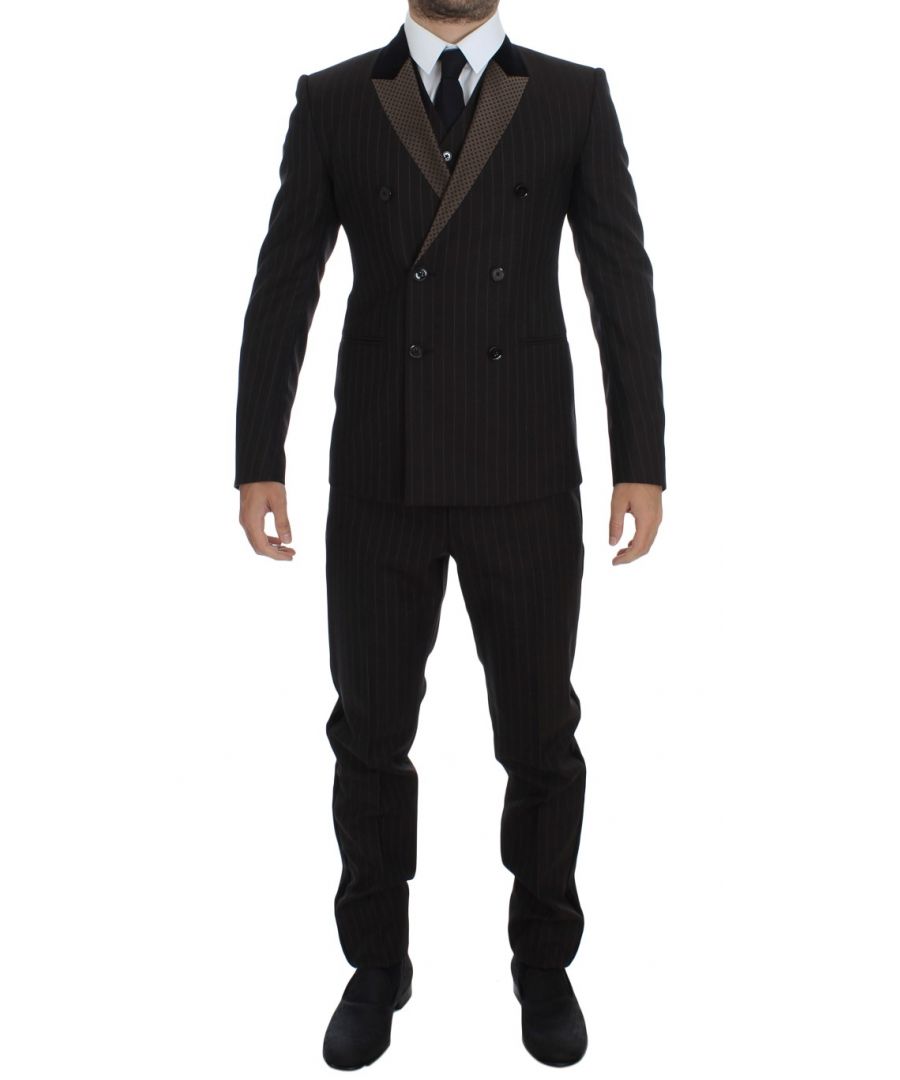 Image for Dolce & Gabbana Brown Striped Wool Slim 3 Piece Suit Tuxedo