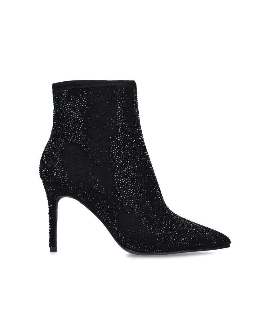 The Lovebird Bootie features a black upper. The boot is embellished with black crystals and features a golden tone zipper on the inside ankle. The heel is in a stiletto style. Heel height: 90mm