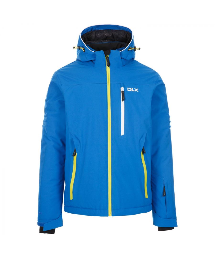Outer Materials: 100% Polyester PU Coating. Filling Material: 100% Polyester. Filling: Down-Touch. Lining: Polyamide, Polyester, Quilted. Fabric: Woven. Design: Plain. Fit: Slim. Articulated Elbow, Detachable Snowskirt, Underarm Zips. Fabric Technology: DLX, RECCO. Neckline: Hooded, Standing Collar. Cuff: Inner Stretch. Sleeve-Type: Long-Sleeved, Welded. Hood Features: Adjustable, Zip-Off. Pockets: 2 Side Pockets, 1 Chest Pocket, Water Repellent Zip, Goggle Pocket. Fastening: Contrast Zip, Water Repellent Zip. Hem: Adjustable, Drawcord.