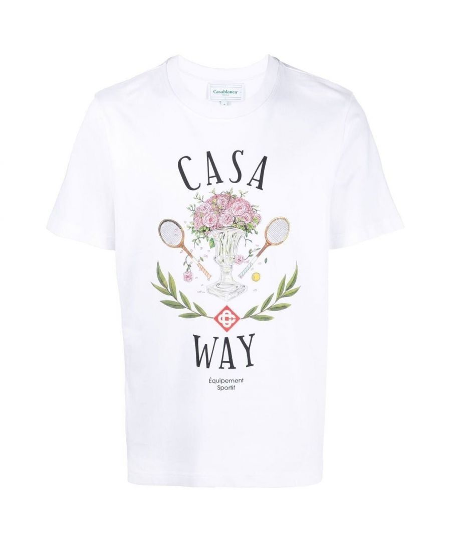The Casablanca 'CASA WAY' T-Shirt, which is made of organic cotton and has a relaxed fit, was designed with country club aesthetics in mind. This top comes in a clean white colourway and has short sleeves and a ribbed crew collar for a casual look. A Tennis Club print on the chest is highlighted with a triangular border for a graphic appeal.\n\nCrew neck\n\nWhite\nShort sleeves\nProduct code:  MF22-JTS-001-16