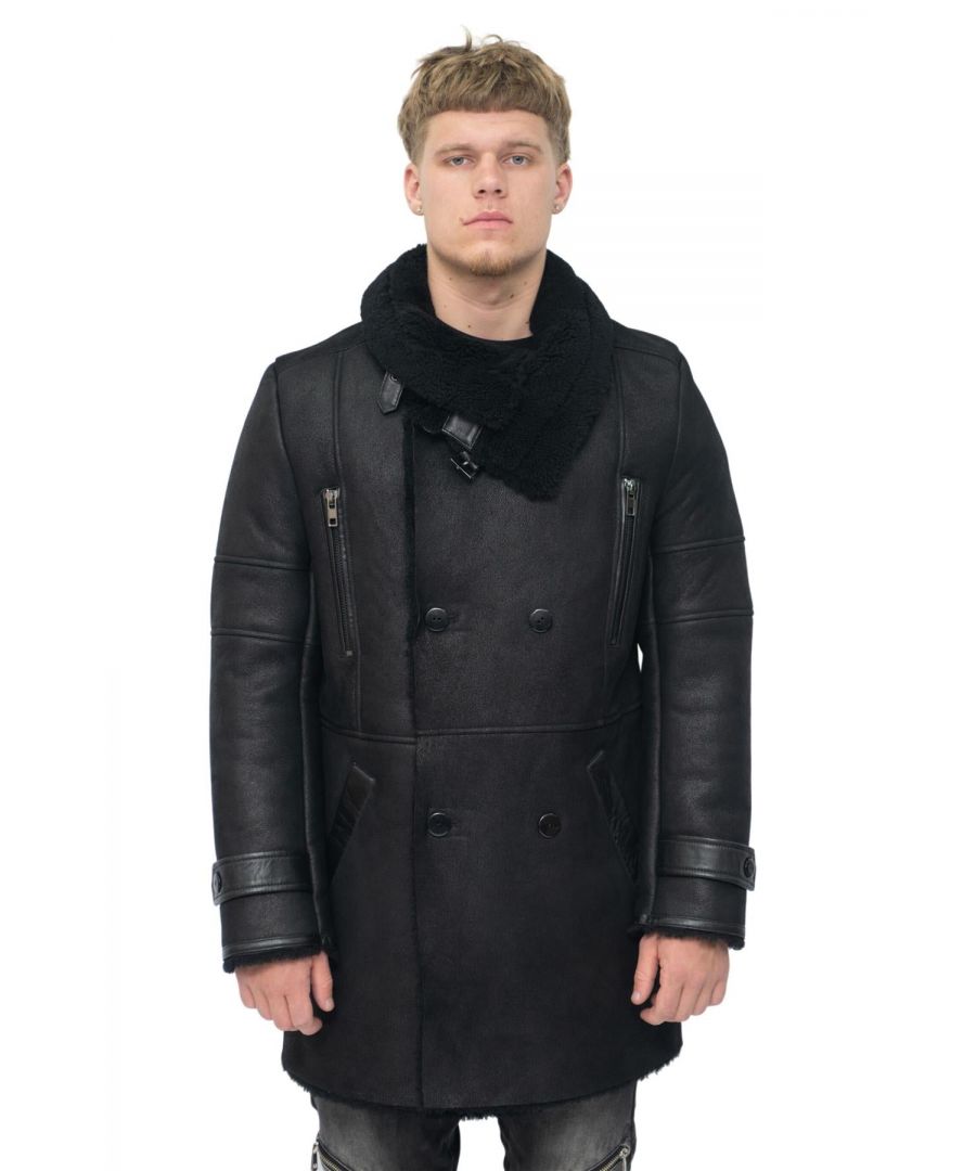 Infinity Leather Mens Double Breasted Sheepskin Reefer Coat-Candon - Black - Size Medium