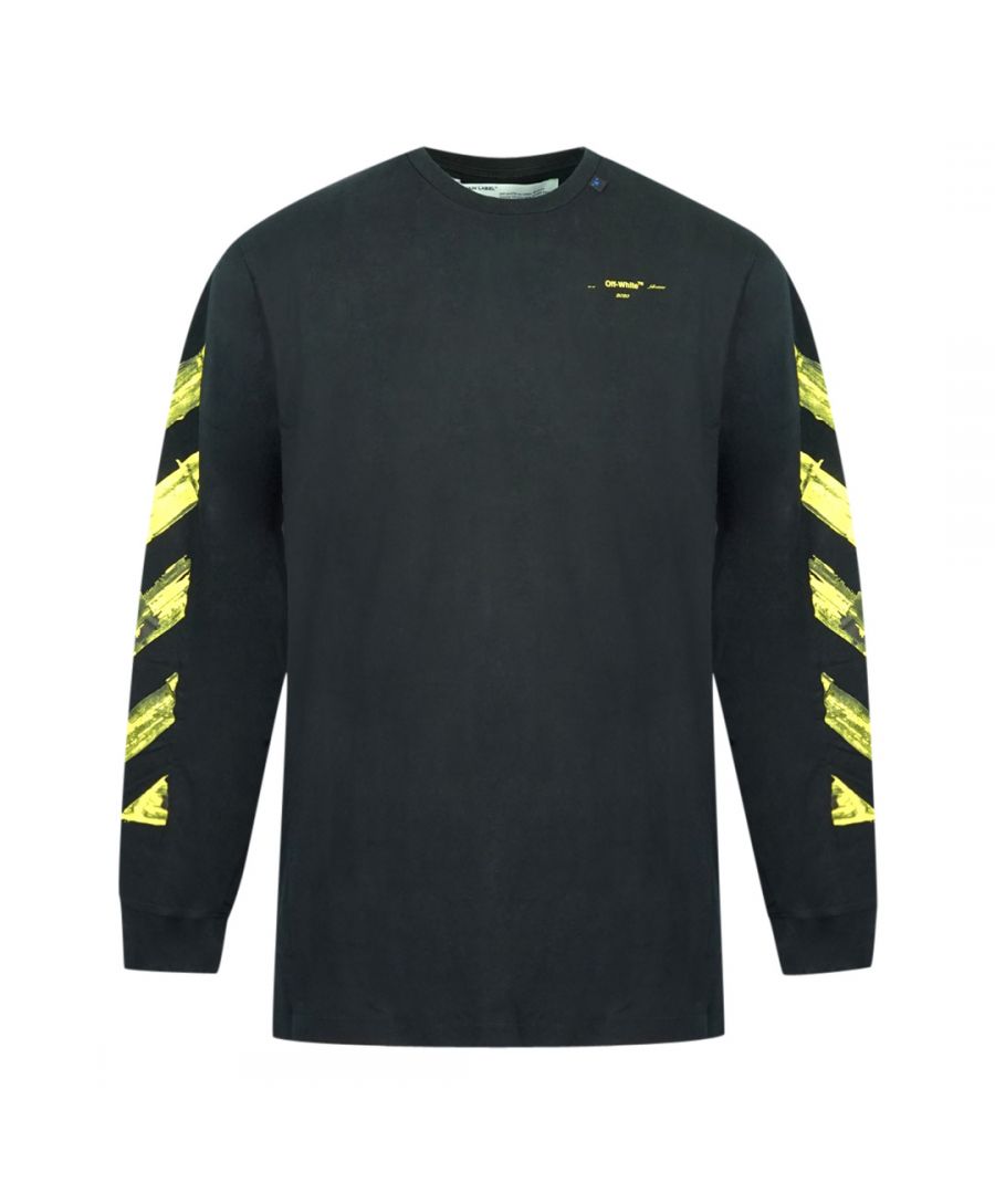 Off-White Yellow Arrow Paint Logo Black Long Sleeve T-Shirt. Off-White Black T-Shirt. Off-White Logo On Front Chest. Crew Neck. 100% Cotton. Style Code: OMAB001F191850571060