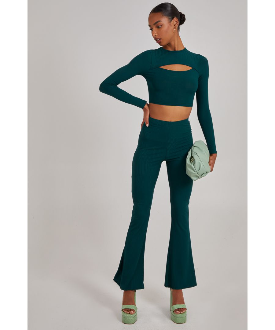 Pink Vanilla Womens Ribbed Flare Trousers - Teal - Size 14 UK