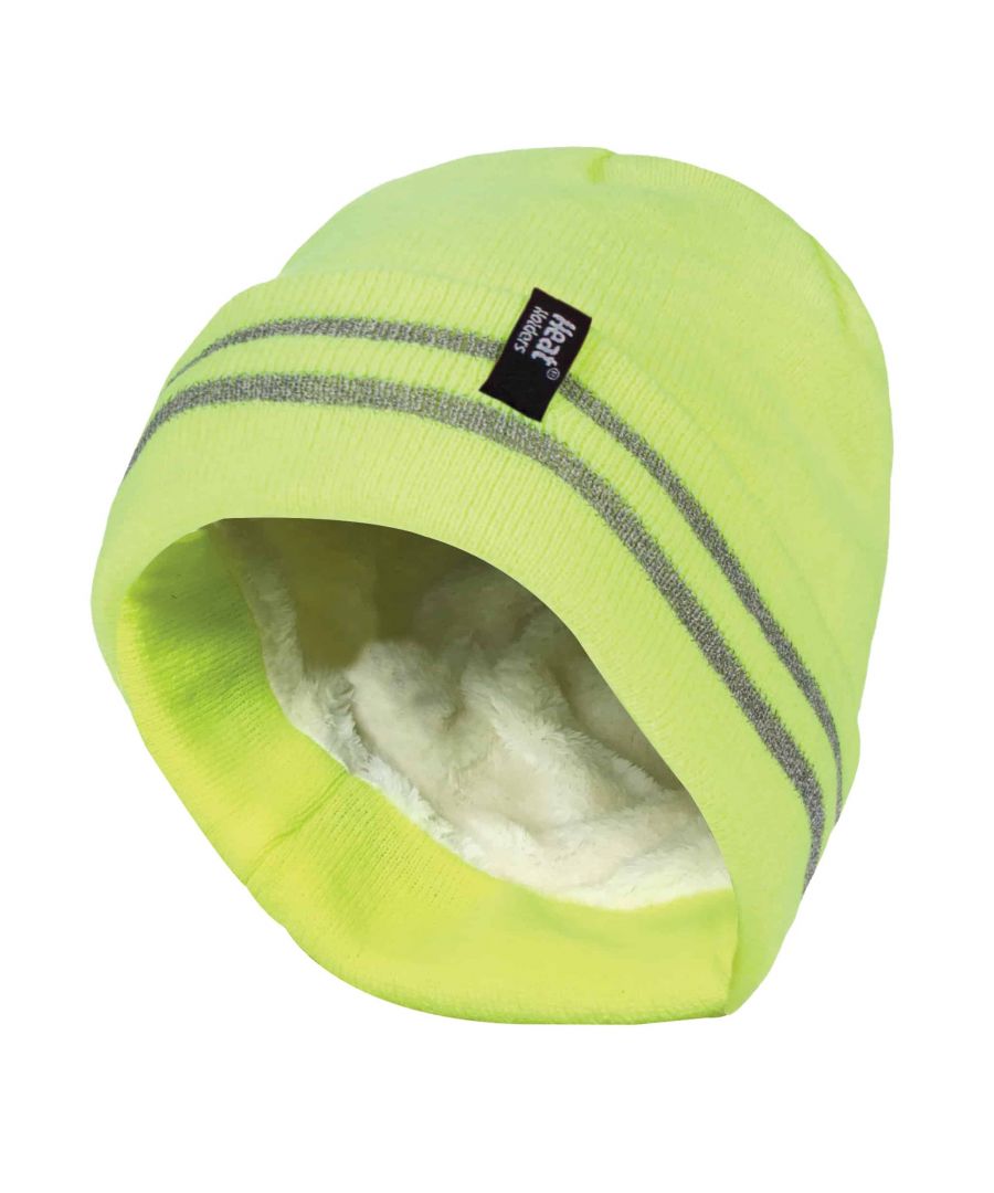 Heat Holders Hi-Vis Hats   Heat Holders’ creators always seem to come up with innovative ideas to keep us warm no matter what. Here is an example, combining their improved version of the original heat weaver thermal lining technology and the classic reflective hi-vis that workers and cyclists alike definitely need on those cold and dark winter nights. The Heat Holders / Workforce collaboration allows this synergy of knitting technologies to become relevant to working and outdoor environments   The turnover hats boast a 4.7 tog rating, higher than the original Heat Holders mens turnover hat and much warmer than your standard acrylic hat. This is thanks to the new and improved heat weaver lining within the hat, a plush fur-like thermal lining that maximizes the amount of warm air held close to the head. Special Heat Holders yarn also provides high performance insulation against the cold and has superior moisture wicking breathing abilities. A stretchable knitted construction also allows the hat to fit around the natural contours of your head, improving warmth and comfort   Heat Holders hi-vis hats come in 3 colours including bright orange, bright yellow and black. The two lines that strike on the turnover section of the hat are reflective bands that allow light to bounce off for higher visibility in the dark. Our hats are available in one size and are 89% acrylic and 11% polyester on their outer and 100% polyester inside. They are also machine washable.   Extra Product Details   * Hi vis thermal hats  * Heat Holders / Workforce collaboration  * 4.7 tog rating  * Heat weaver lining  * 3 colours to choose between  * Reflective stripes  * Outer 89% acrylic 11% polyester Inner 100% polyester * Machine washable