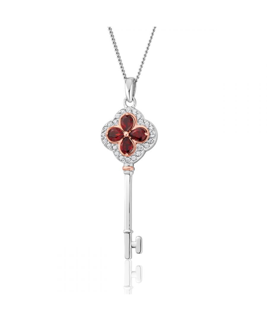 Let our stunning sterling silver Tudor Court key pendant unlock one of the most famous and compelling moments of royal British history. This exquisite piece has been handcrafted by our designers taking inspiration from Hampton Court Palace, the heart of the Tudor Court and majestic home of King Henry VIII. The Tudor rose emblem is fashioned in red garnet and sparkling zirconia, inspired by the intricate carvings of Anne Boleyns gateway at Hampton Court. The classic silver key silhouette is finished with a flourish of our rare 9ct Welsh gold. Available on a 22inch (55.8cm) chain that can also be worn at 20inch (50.8cm) and 18inch (46cm).