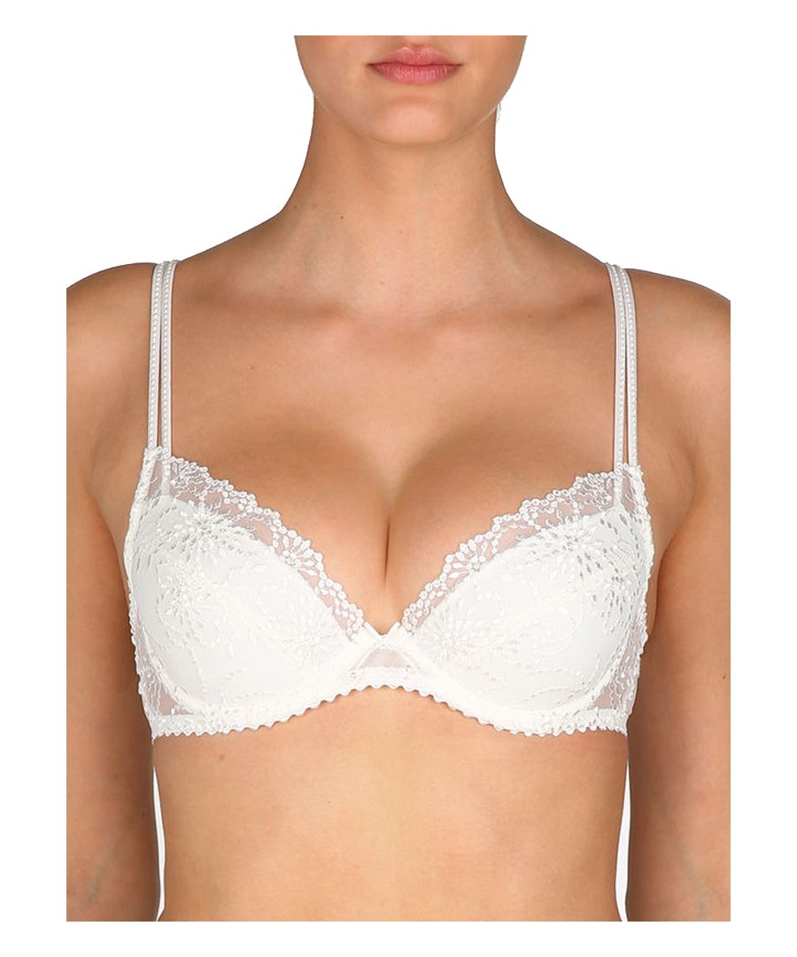 Marie Jo Jane, this range is both cute and sexy. This push up bra has removable padding up to a C cup (included),  this helps to lift and centre the breasts, this enhances your cleavage to make you feel sexy all day long. The D and E cup are very lightly padded. The detailed embroidery edging gives a luxurious look.