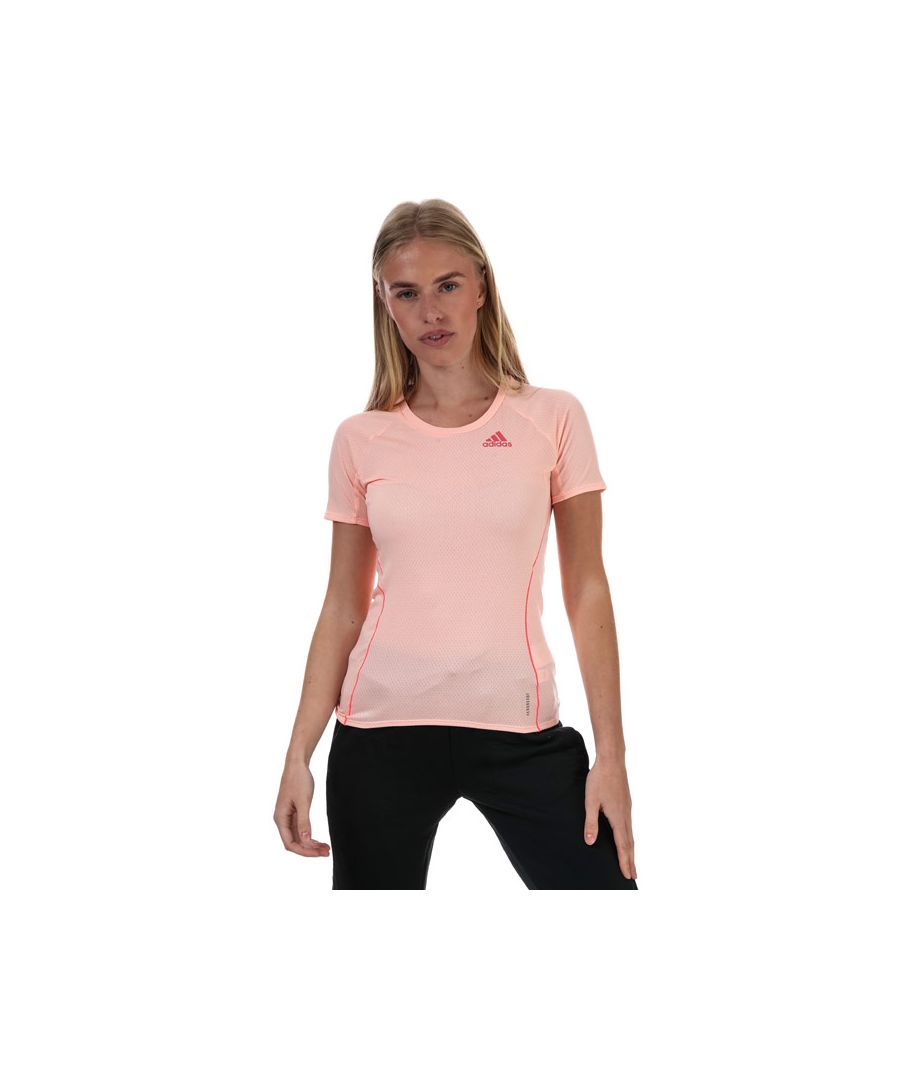 Womens adidas Runner T- Shirt in coral.<BR><BR>- Crew neck.<BR>- Short sleeves.<BR>- Reflective details.<BR>- Soft and durable.<BR>- Quick-dry running t-shirt.<BR>- Moisture-absorbing material.<BR>- Jacquard.<BR>- adidas Badge of Sport printed at left chest.<BR>- Regular fit.<BR>- 100% Polyester. Machine washable.<BR>- Ref: FT6451