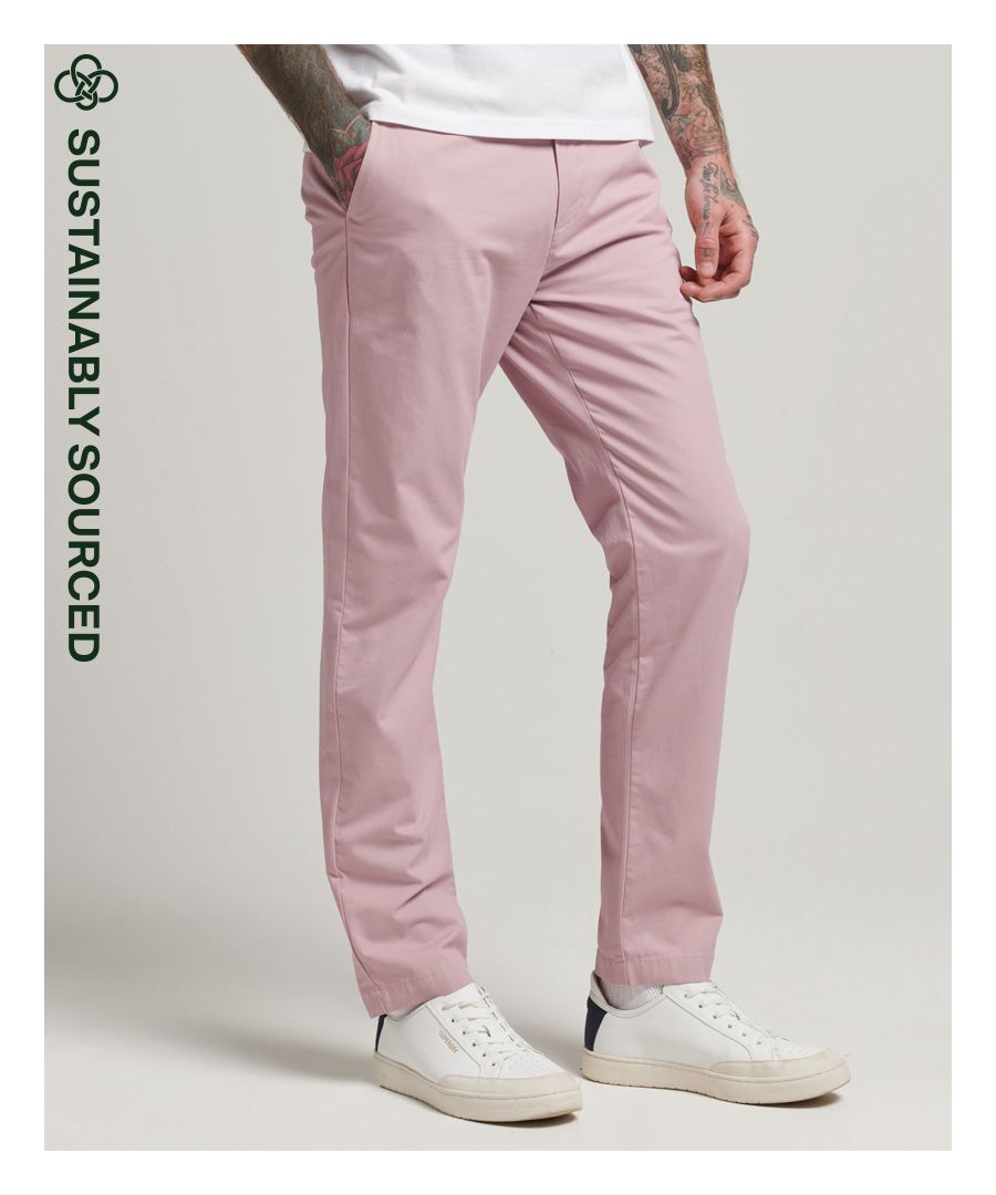 Add an air of confidence to your look with these classic chinos. With their tailored yet comfortable fit, they're perfect for both casual and formal wear.Slim fit – designed to fit closer to the body for a more tailored lookOrganic cottonBelt loopsZip fasteningTwo front pocketsTwo-button back pocketsClassic Superdry metal badgeClassic Superdry patchMade with organic cotton grown using natural rather than chemical pesticides and fertilisers. The healthier soil this creates uses up to 80% less water which is better for our planet and for the farmers who grow it.