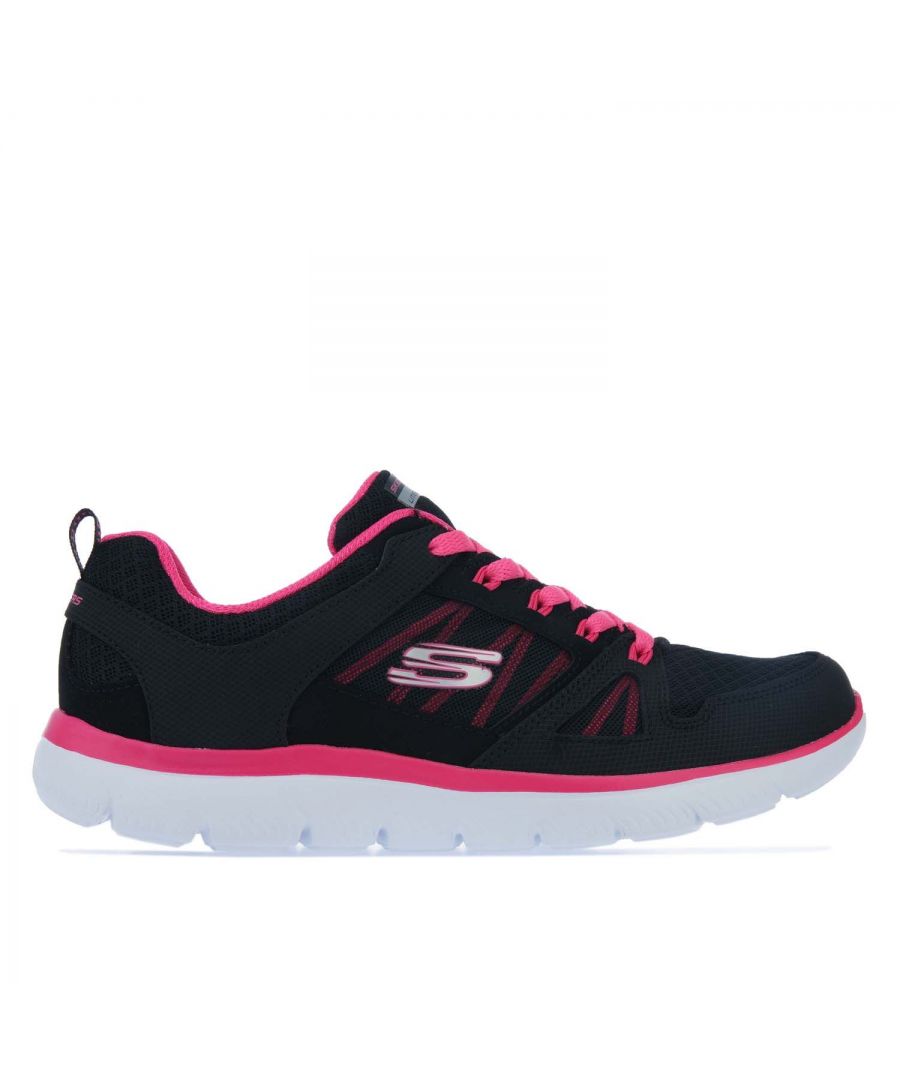 Womens Skechers Summits New World Trainers in black - hot pink.- Smooth leather and mesh fabric upper.- Lace up athletic training sneaker design.- Mesh fabric panels at front and sides for cooling effect.- Stitching accents.- Leather and fabric overlays at front  sides and heel panel.- Side S logo and Side panel with color stripe underlay and translucent mono mesh outer layer.- Heel panel overlay with pull on fabric top tab.- Lace up front with accent color loops.- Padded collar and tongue.- Soft fabric shoe lining.- Memory Foam full length cushioned comfort insole.- Matching or contrast colored topsole layer accent.- Lightweight flexible shock absorbing midsole.- Flexible traction outsole.- Leather and Textile upper  Textile lining  Synthetic sole.- Ref: 12997BKHP