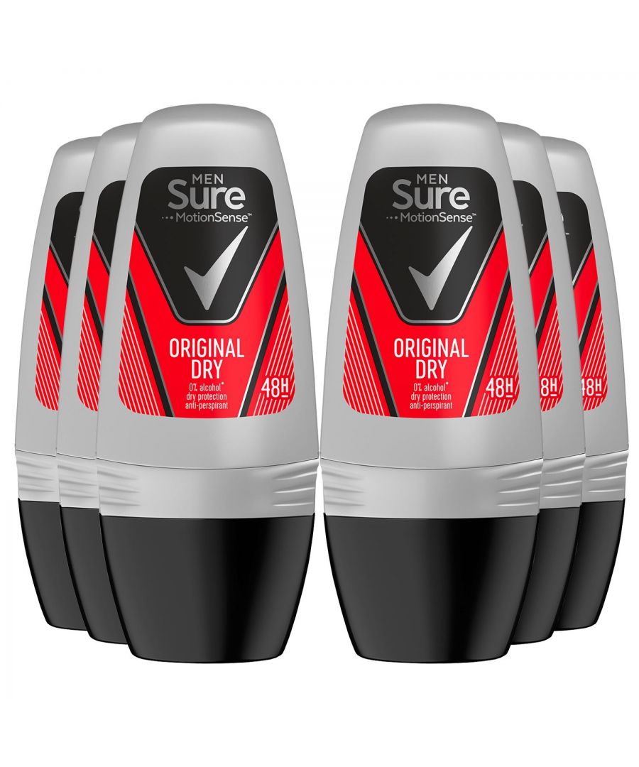 Sure Men Original Dry Roll-on Antiperspirant Deodorant has a classic masculine scent with spices and woody tones, released whenever you move. This men’s roll-on antiperspirant deodorant works with you. Motion Sense microcapsules are activated by friction. Sure men's original dry roll-on antiperspirant deodorant has a classic masculine scent with spices and woody tones, released whenever you move.\n\nHow To Use :\nBefore applying, ensure underarms are dry. \nSmooth your roll-on antiperspirant deodorant onto each underarm. \nCheck coverage is even and you’re ready to go.\n\nSafety Warning: Antiperspirant, roll-on. Do not apply to irritated or damaged skin. Stop use if irritation develops.