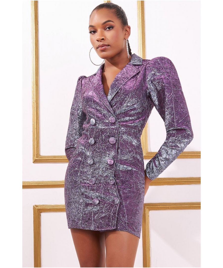 Goddiva Womens Iridescent Foil Print Blazer Mini Dress - Metallic - Size 12 UK