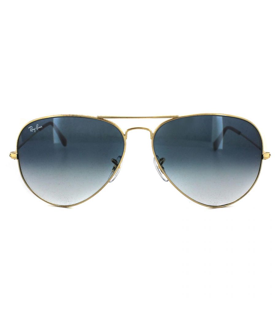 Ray-Ban Sunglasses Aviator 3025 Gold Gradient Light Blue 001/3F were originally designed in 1936 for US military pilots and have since become one of the most iconic sunglasses models in the world. The timeless design is characterised by the thin metal wire frame, large teardrop shaped lenses and fine metal temples that feature silicone tips and nose pads for a customised and comfortable fit. This classic model is available in various sizes and an array of colourways.