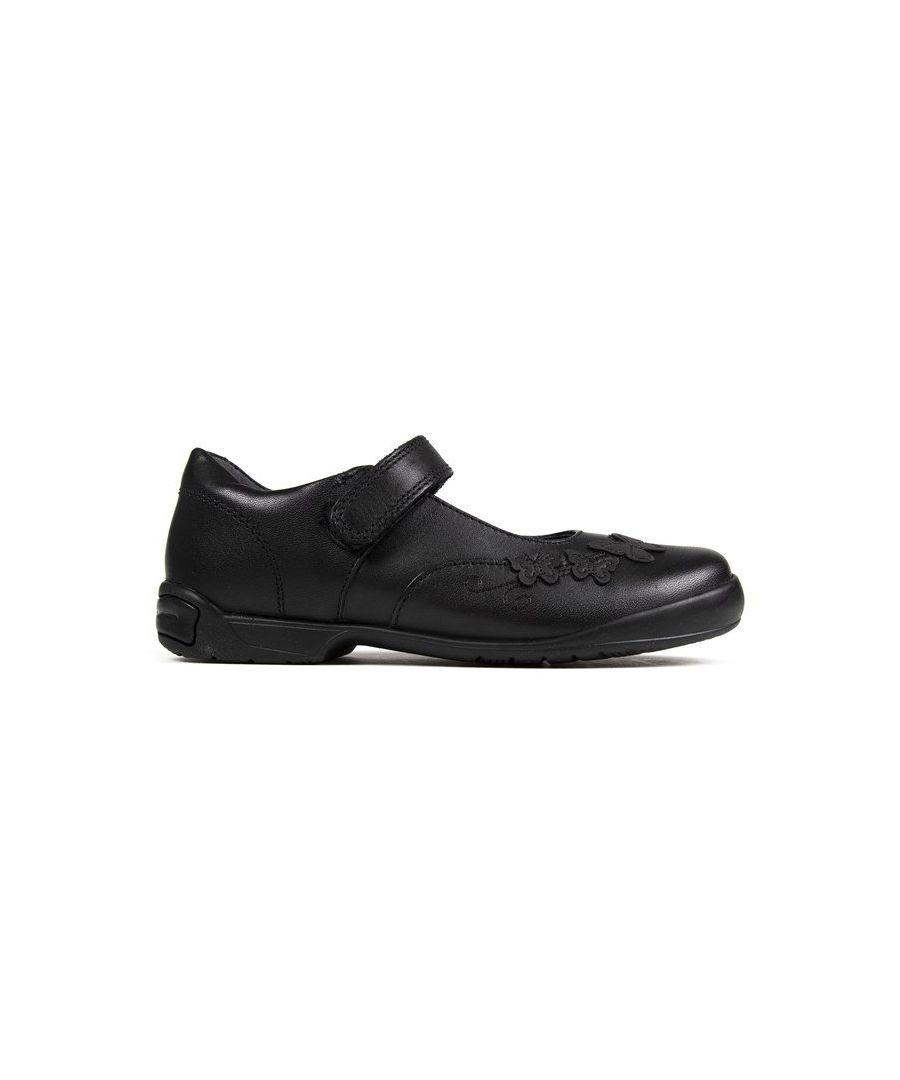Infant's Black Startrite Pump Round-toe Leather Shoes With Butterfly Detail On The Toe, Embossed Bow On The Heel, And Adjustable Ankle Strap. These Comfortable Ballerina Style Flats Have A Padded Ankle Collar, Textile Lining, Cushioned Foam Insole, Adjustable Strap And Grippy Rubber Sole.