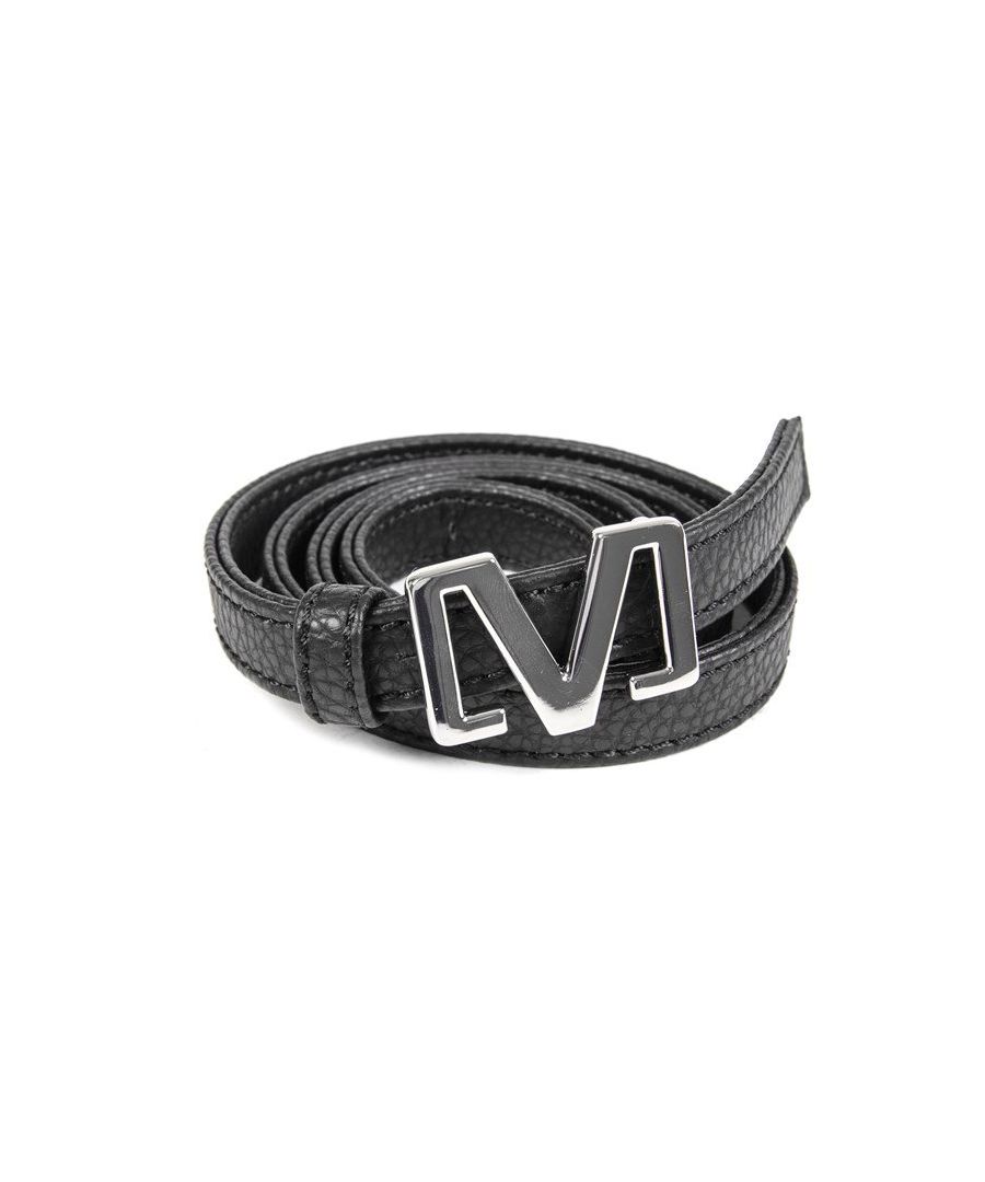 Womens black Matt & Nat loria vegan belt, manufactured with leather. Featuring: chrome hardware, belt width 1.5cm, 100% vegan, small fits 10-12 and medium fits 12-14.