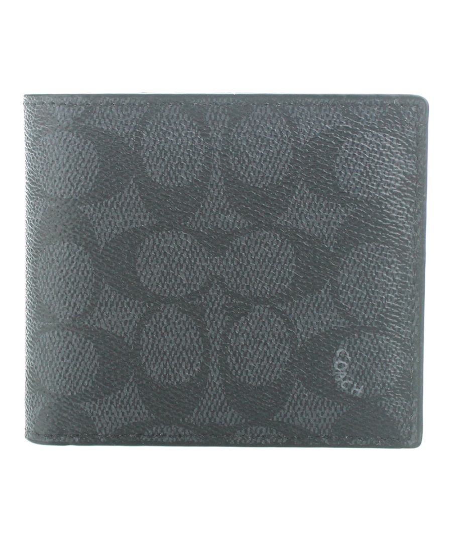 The Signature Canvas Compact ID Wallet from Coach is a luxurious mixture of hand-finished leather and water-resistant signature coated canvas in black and charcoal. Features two full length bill compartments and eight card slots it also has a removable insert with window ID Wallet and a further two credit card slots