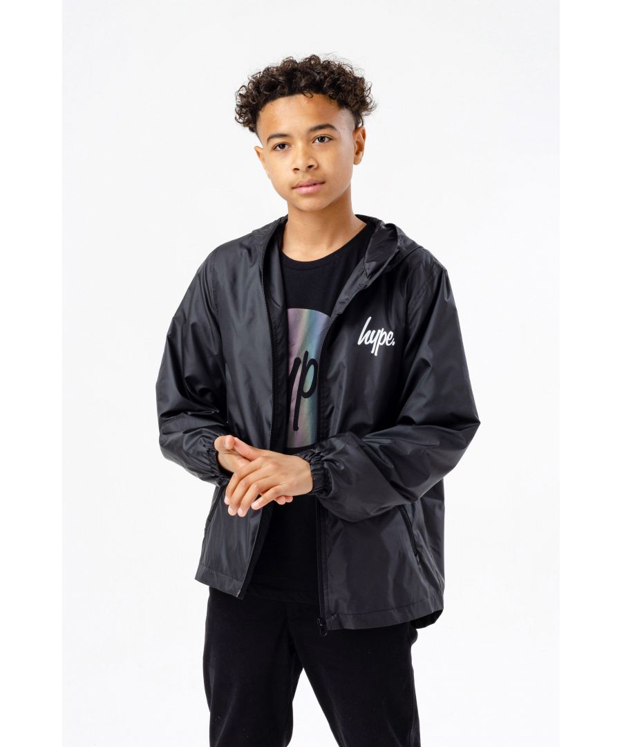 Meet the HYPE. Kids Black Runner Jacket, part of the HYPE. 2022 Back to School collection. Designed in our unisex kids runner jacket shape in black and boasting the mini HYPE. script logo in a contrasting white on the front. Finished with a fixed hood, mesh lining, zip pockets and elasticated cuffs. Machine wash at 30 degrees.