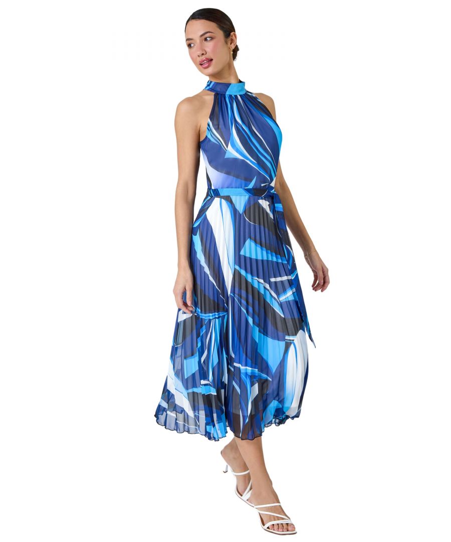 Roman Womens Abstract Print Pleated Chiffon Midi Dress - Blue - Size 18 Uk