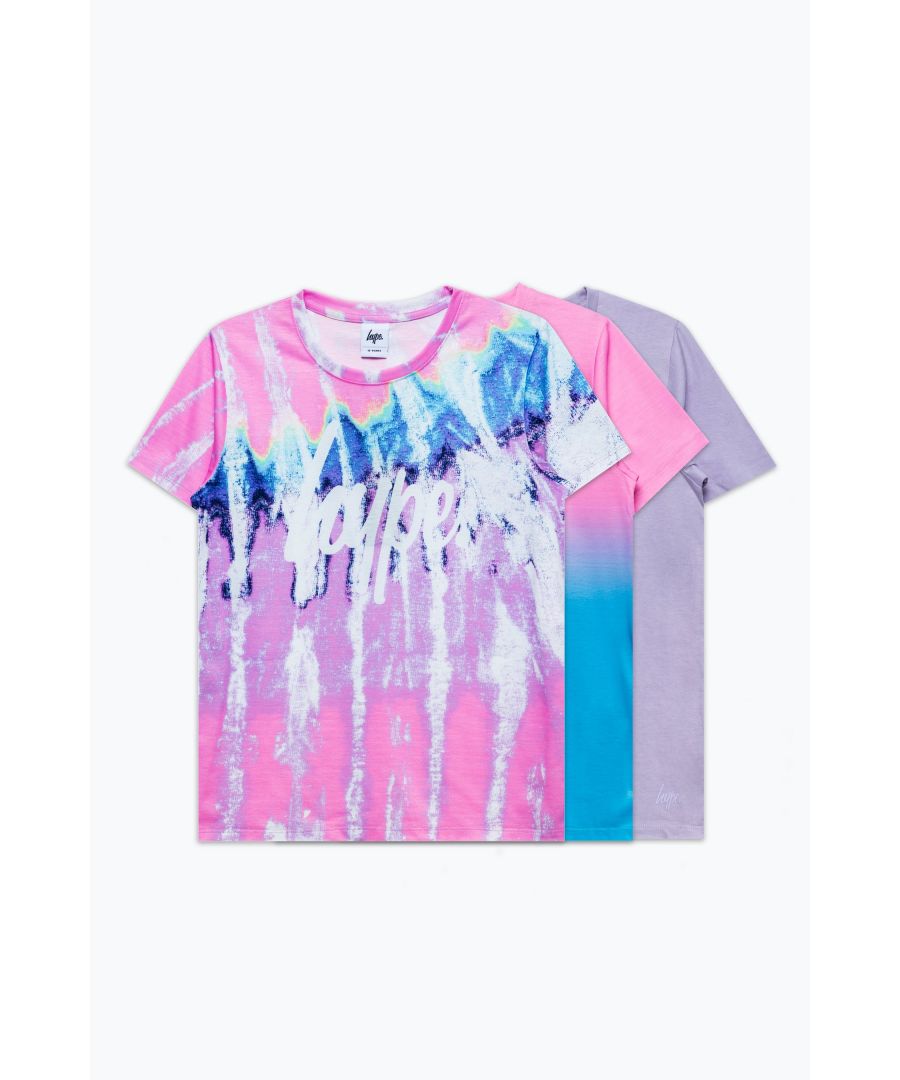Junior Girls Hype Fade 3 Pack T- Shirts in pink.- Crew neck.- Round collar.- Short sleeves.- The iconic HYPE. script logo in a contrasting white across the front.- Regular fit.- Main material: 95% Polyester  5% Elastane. Machine washable. - Ref: GA001J
