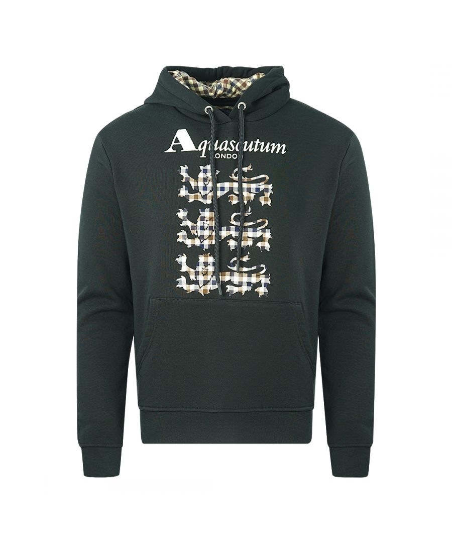 Aquascutum Triple Lion Check-logo zwarte hoodie. Aquascutum zwarte hoodie. Elastische mouwuiteinden en taille. Sweatshirt van 100% katoen. Normale pasvorm, valt normaal qua maat. Stijlcode: FAI004 99