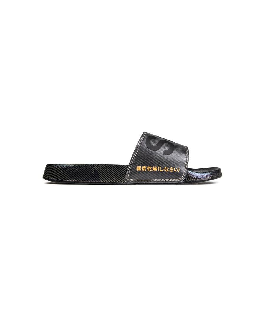 Mens grey Superdry pool slide sandals, manufactured with synthetic and a eva sole. Featuring: branding on the sole.