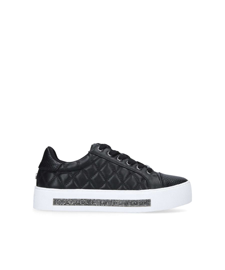 Mixing up materials in a muted palette, Jeo by Carvela is the ultimate sport-luxe companion. The black quilted upper and embellished panel along the mid-sole delivers a completely fresh take on the staple low-top trainer.