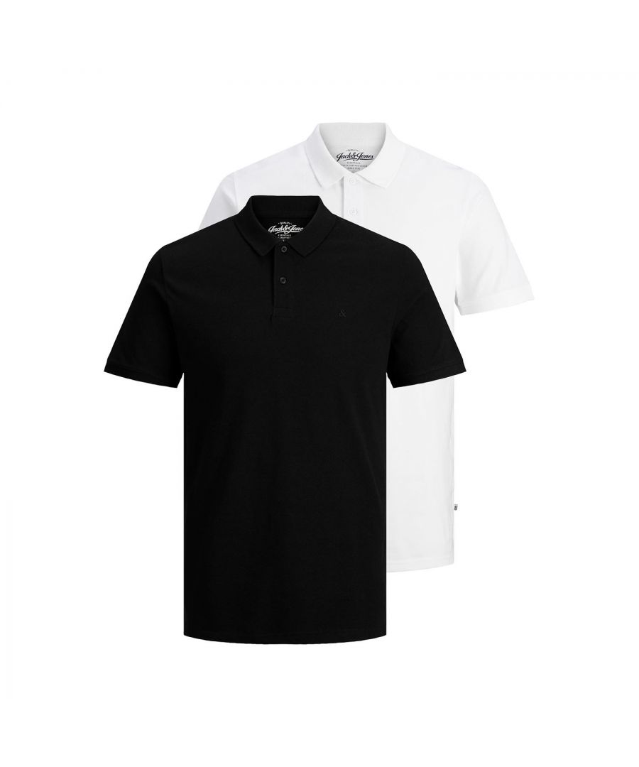 This product is made with organic cotton. Organic cotton is grown without the use of harmful chemicals. Organic cotton farming protects natural resources and farmers.\n\nFeatures:\n2-pack classic polo shirts\nTextured pique quality\nSoft, breathable feel\nRibbed collar and button placket\nShort sleeves with ribbed trims\n\nSpecification: \nMaterial: 100% cotton\nProduct Code: 12191215\n\nWashing Instruction:\nMachine wash at 30°C\nDo not bleach\nTumble dry on low heat settings\n\nIron Temp: High temp. iron. Highest temp. 200°C\n\nNote: Do not bleach, Dry clean (no trichloroethylene)\n\nPackage Includes: 2 Pack Jack&Jones Classic Polo Shirt (1Black, 1White)