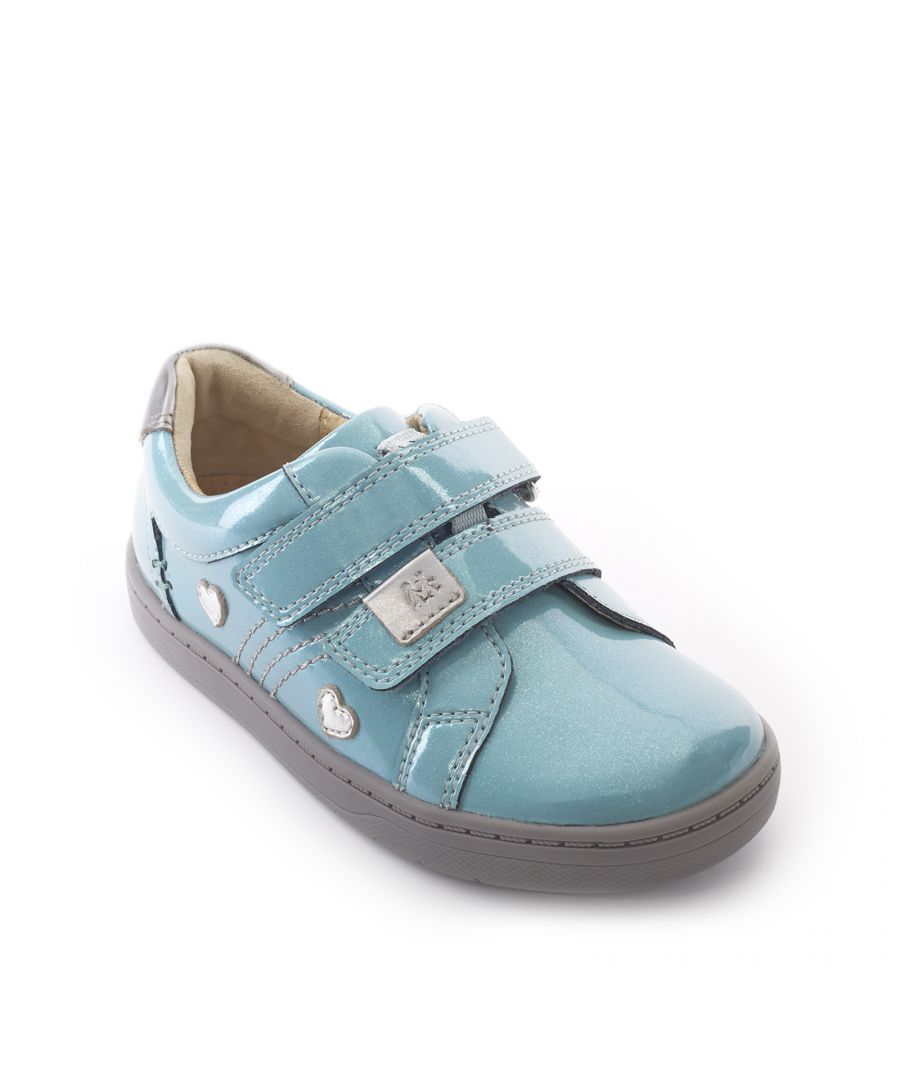 Dreams really do come true in these glittery patent Fantasy pre-school shoes! Kids will appreciate the top styling with silver heart appliques and stitch detailing plus a funky duck blue egg glitter patent upper with contrasting grey cupsole. A double riptape fastening allows for easy adjustment and a precision fit, while the padded ankle support, breathable leather lining and removable footbed give instant comfort.