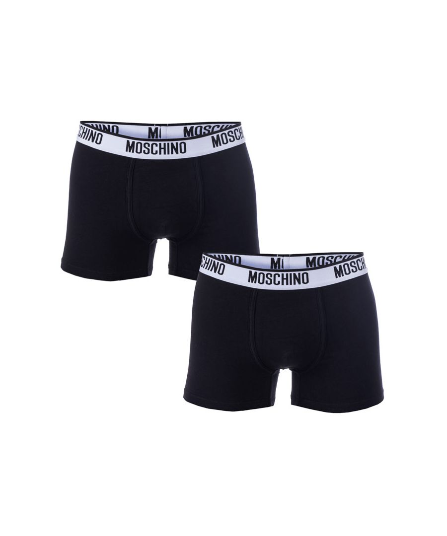 Mens Moschino 2 Pack Boxer Shorts in Black<BR><BR>- Set comprises 2 pairs of boxer shorts<BR>- Elasticated waistband<BR>- Tape to outer seams<BR>- Plain design with contrasting waistband<BR>- Branding to waist<BR>- 90% Cotton  10% Elastane. Machine Washable<BR>- Ref: 47258150<BR><BR>We regret that underwear is non-returnable due to hygiene reasons.