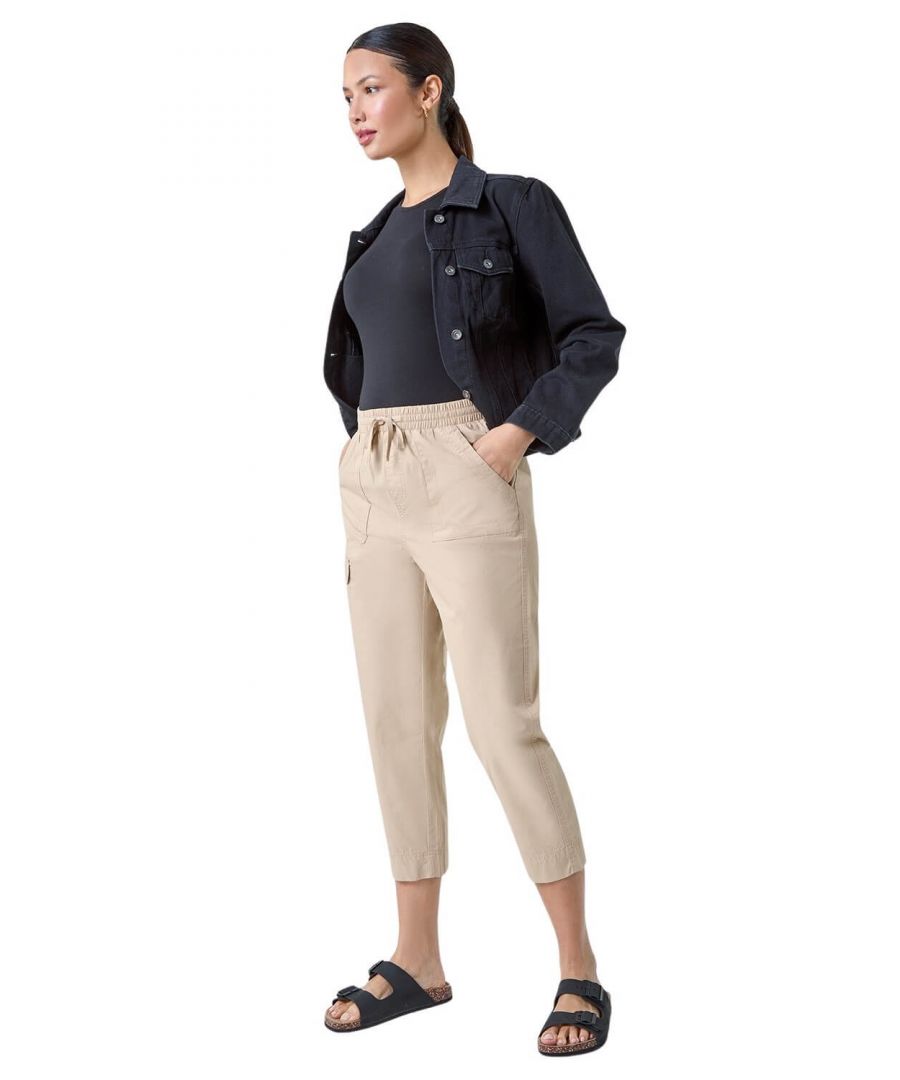 Roman Womens Cotton Elastic Waist Cropped Cargo Trousers - Beige - Size 20 UK