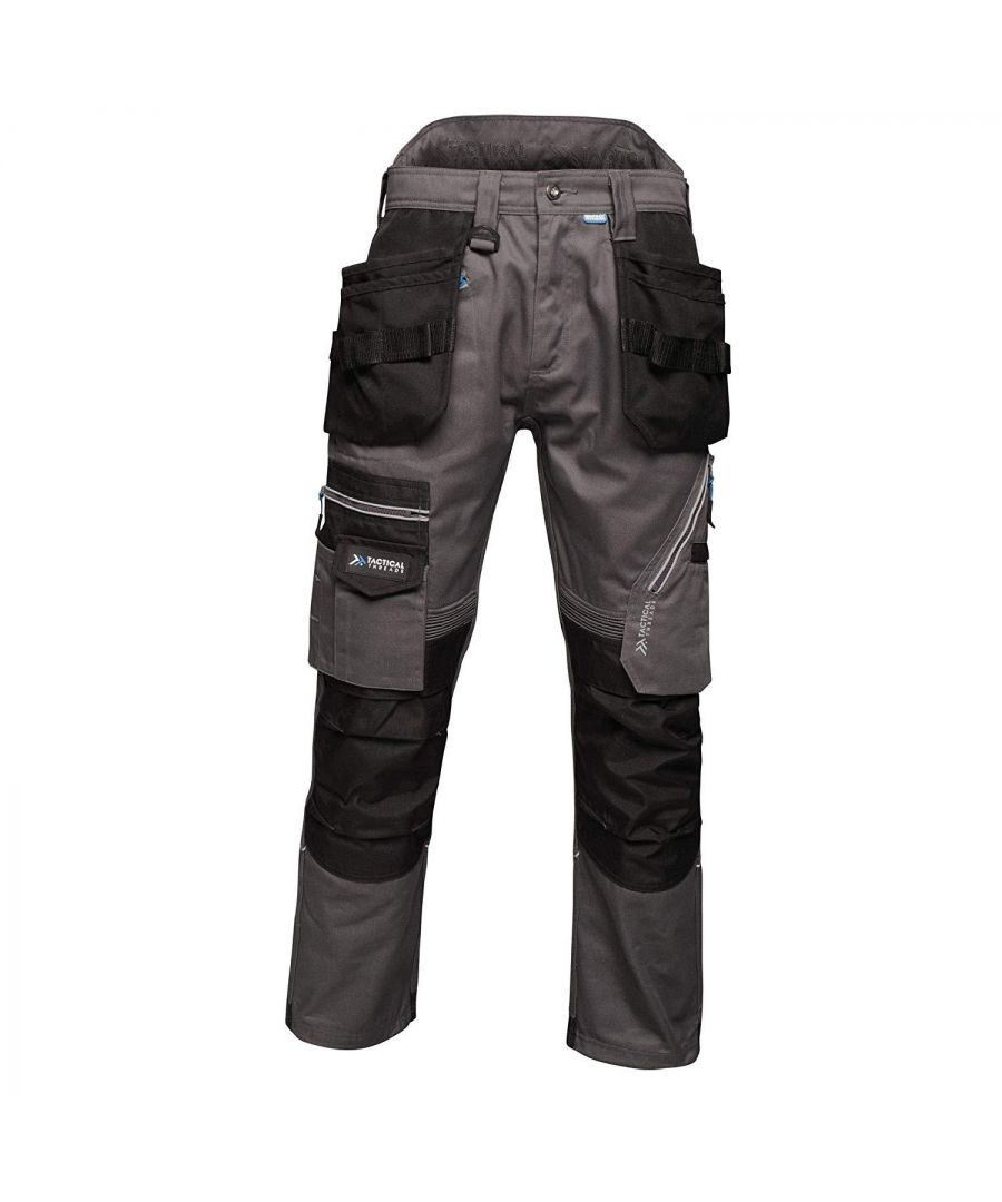 65% Polyester, 35% Cotton. Mens premium work trousers feature 2 front pockets and 3 front zipped pockets. Shank button at waist for extra strength. Shaped high back waistband for comfort. Inner anti-slip waistband print, reflective piping to the rear of legs. Belt loops, D-ring attachment, slim fit design, reinforced hem overlays. Made from poly/cotton twill fabric.