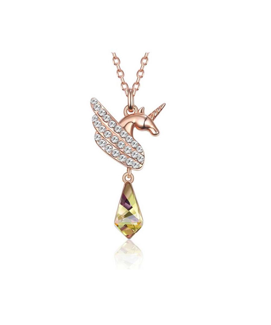 White Swarovski Crystal and Aurora borealis unicorn necklace and pendant White Swarovski crystal with multiple aurora borealis reflections Dimensions of the pendant: 2.7 cm x 1.5 cm Clasp type: Lobster claw Delivered with its 41 cm rose gold plated chain (adjustable 5 cm)