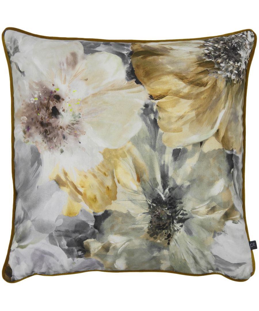 Prestigious Textiles Lani Floral Piped Reversible Feather Filled Cushion - Yellow Cotton - One Size