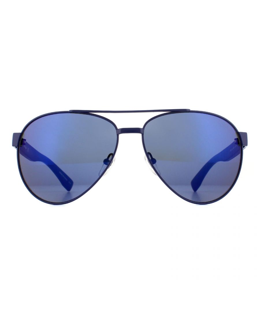 Lacoste Sunglasses L185S 424 Blue Blue are a classic pilot style with double bridge and thick plastic arms featuring the ubiquitous Lacoste alligator logo at the temples.