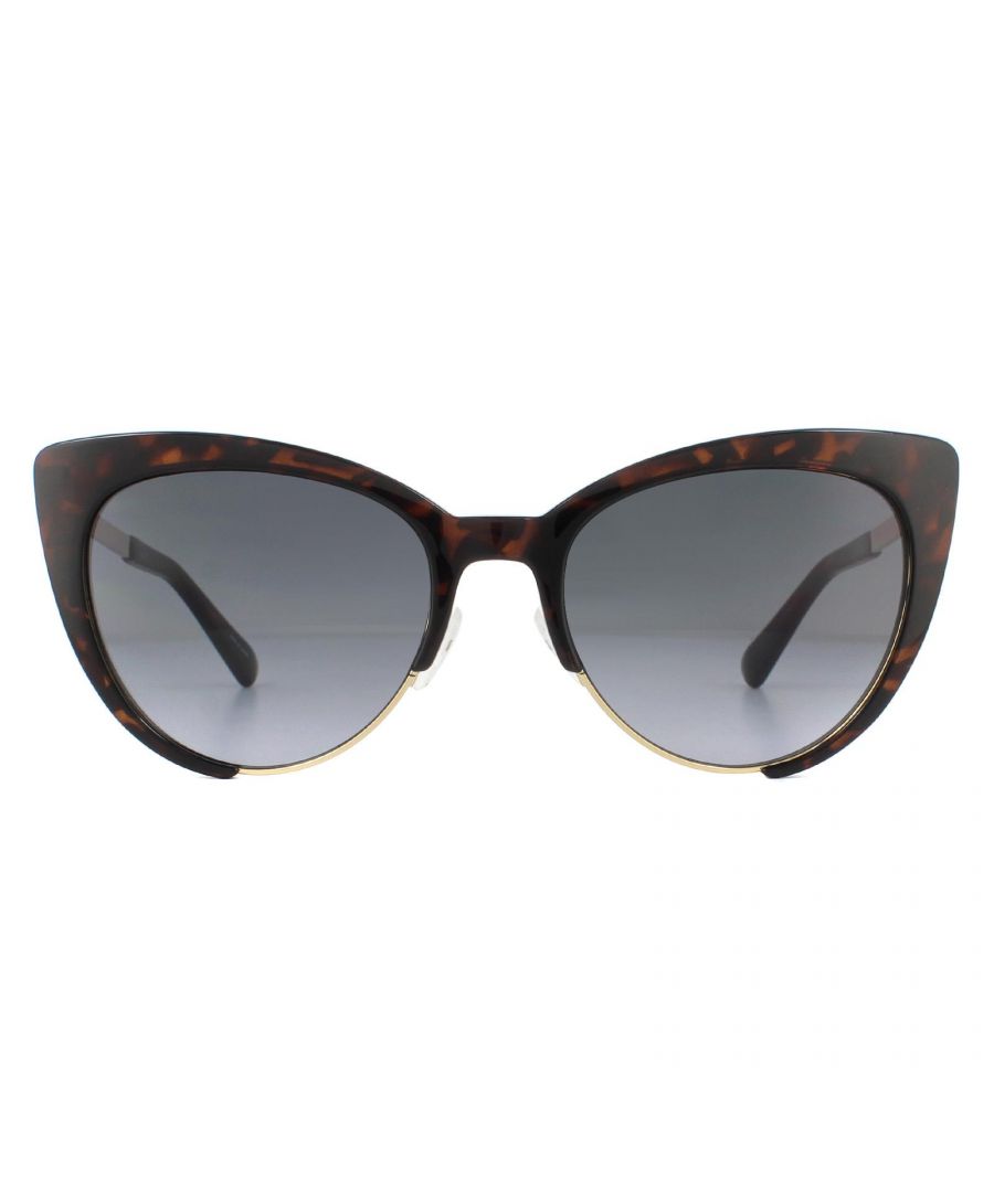 Moschino Sunglasses MOS040/S 086 9O Dark Havana Dark Grey Gradient are a superb cat's eye stle with a plastic front embellshing the metal frame except at the bottom for a unique modern look. The Moschino lettered logo appears on the temples also to great effect.