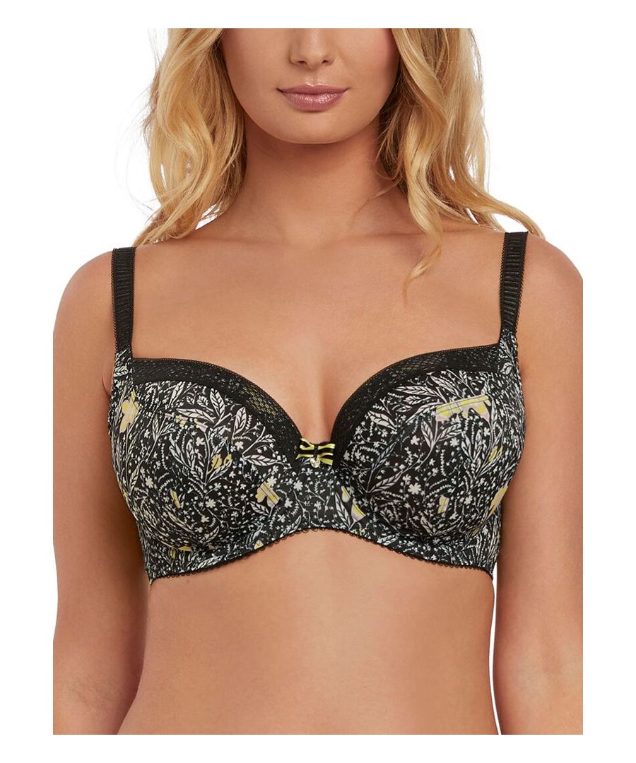Freya Bonanza boasts a playful floral print with a pop of yellow for an enchanting look. This balcony bra features non padded, underwired cups which offers natural uplift to the bust for a flatering fit. The lace trim on the top cup and ruched adjustable straps add a chic touch. Complete with a two tone bow in the centre.
