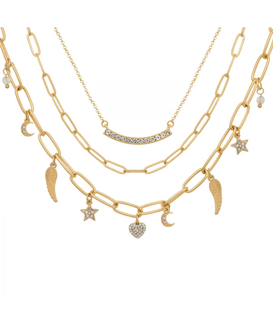 This glamorous necklace is all about the little details, with three separate chains that are perfect for layering but also can be worn on their own. The longest chain features a selection of pretty celestial charms with clear stones, and words to live by; Be Kind. The middle necklace is a minimal gold chain, and the shortest is a dainty chain with a bar embellished with clear stones. The three layers complement each other beautifully as a perfect laid back piece with shimmering heart, star and moon charms.\n• Three separate necklaces\n• Gold plated with clear stones\n• Each necklace measures 18 cm, 20 cm and 24 cm, with a 9 cm extender