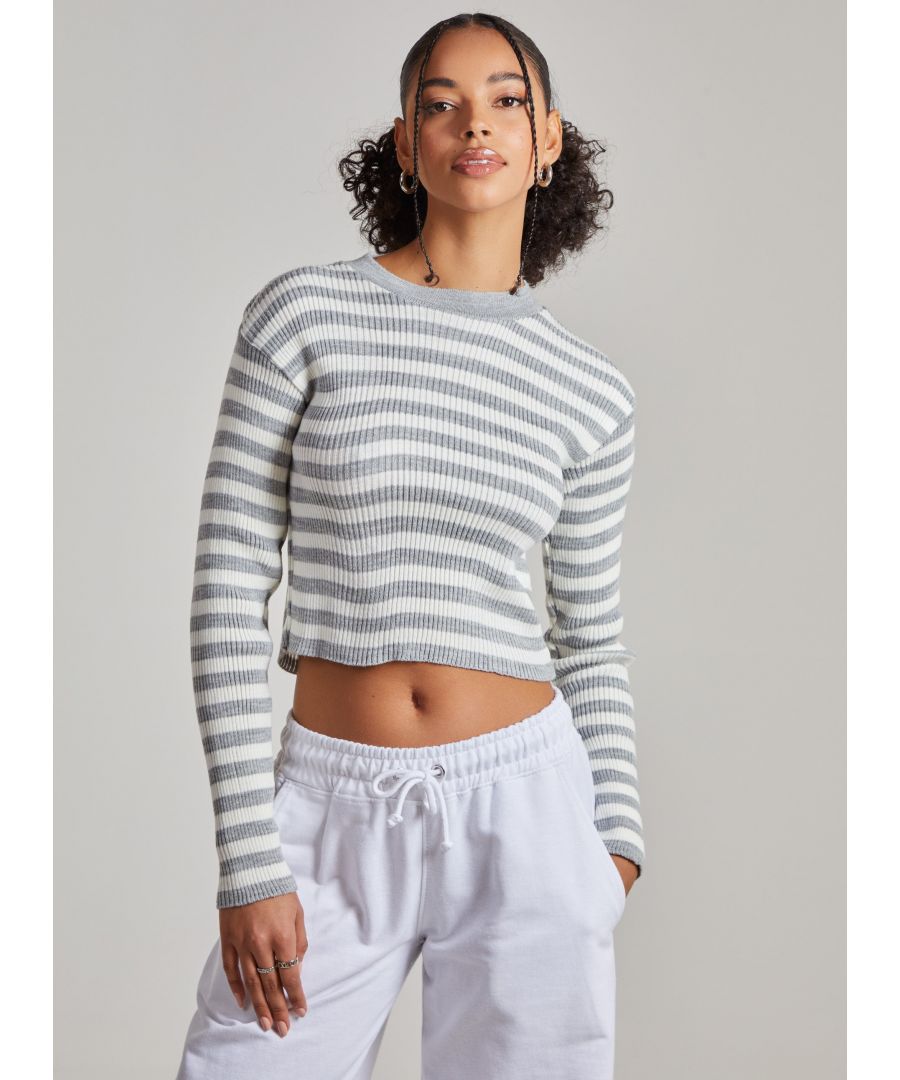 Pink Vanilla Womens Long Sleeve Knitted Striped Jumper - Grey - Size Medium/Large
