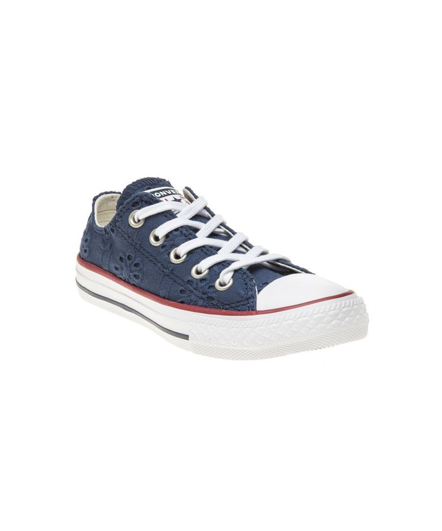 Prettify Tiny Toes With The Delightful All Star Ox Infants Trainers From Converse. The Navy Canvas Plimsolls Are Decorated With Embroidered Cut Out Flowers And Finished With A High Grip Gum Sole For Extra Support.