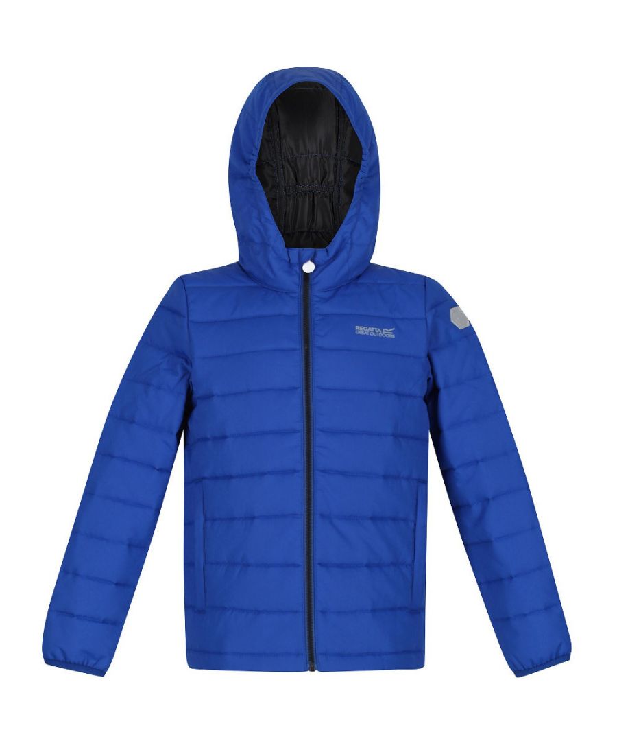 Lightweight polyester fabric. Durable water repellent finish. Synthethic Warmloft down-touch water repellent insulation. Medium weight fill. Grown on hood with elastication. 2 lower pockets. Stretch binding to cuffs. Printed name label (up to age 8). Reflective trim.