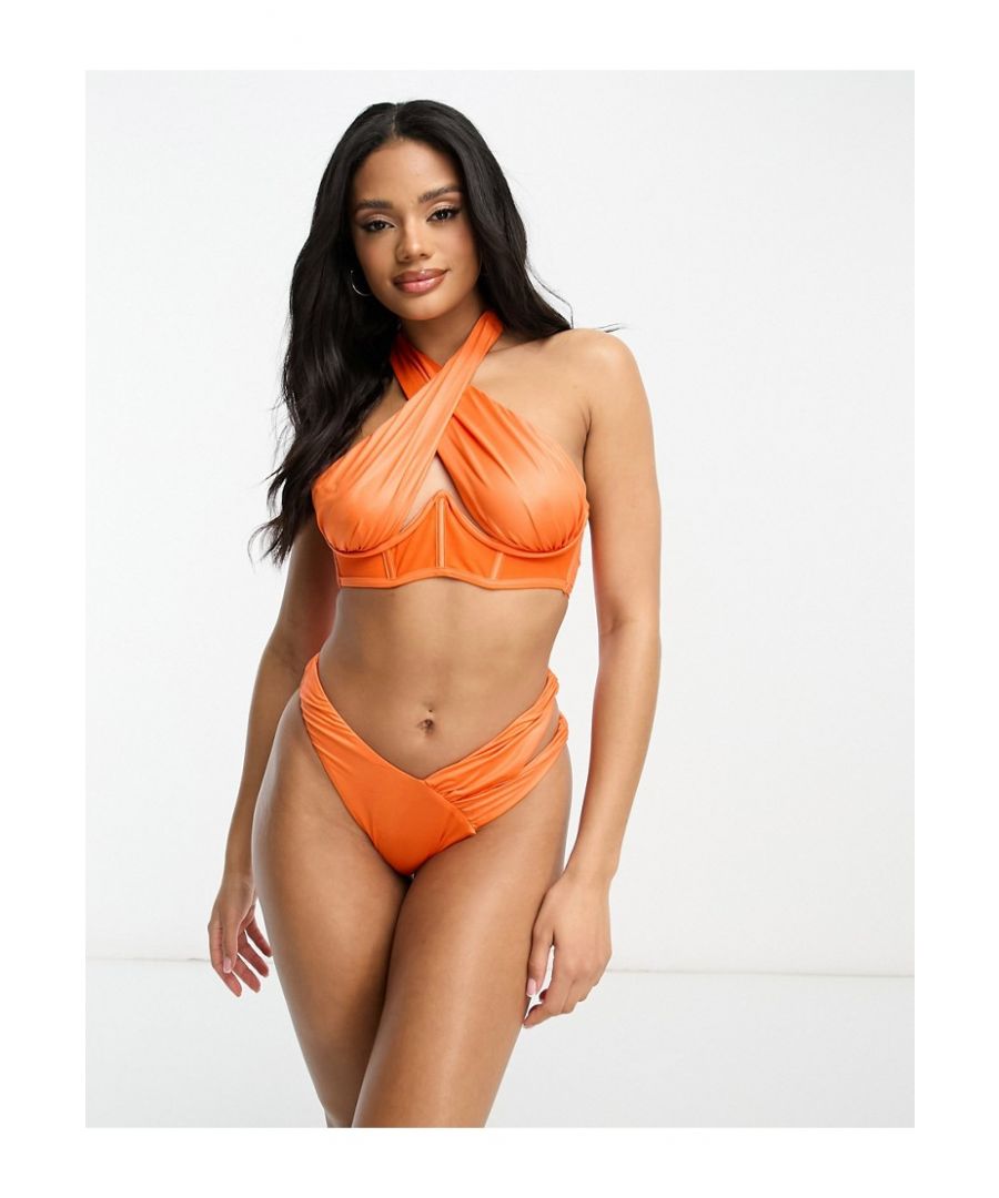 ASOS DESIGN Womens asymmetric ruched v front high leg waist bikini bottom in orange - Size 4 UK