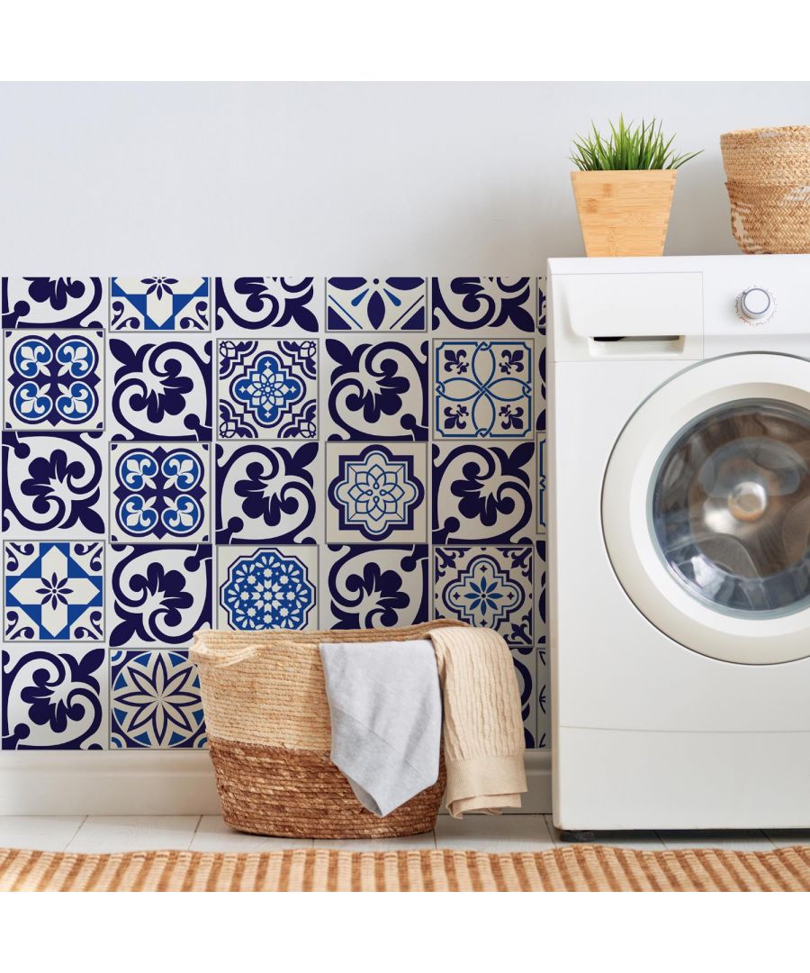 Image for Betsy Monocromatic Dark Blue Victorian / Spanish & Moroccan Blue Tiles Mix Wall Stickers - 15 cm  x 15 cm - 48 pcs. Tile Stickers, Kitchen And Bathroom, Peel And Stick Tiles