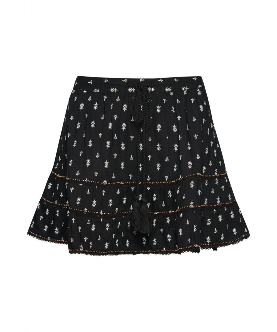 Stand out and be authentically yourself with our Vintage Embellished Mini Skirt. A perfect retro addition to your outfit that shows off your unique creativity, whilst keeping you comfortable with its light and flowy design.Loose Fit – where comfort meets cool, a stylish loose cut makes this a must-have shapePartially elasticated waistbandDrawcord waist with tasselsLace and bead trimsContrast Waistband and hem