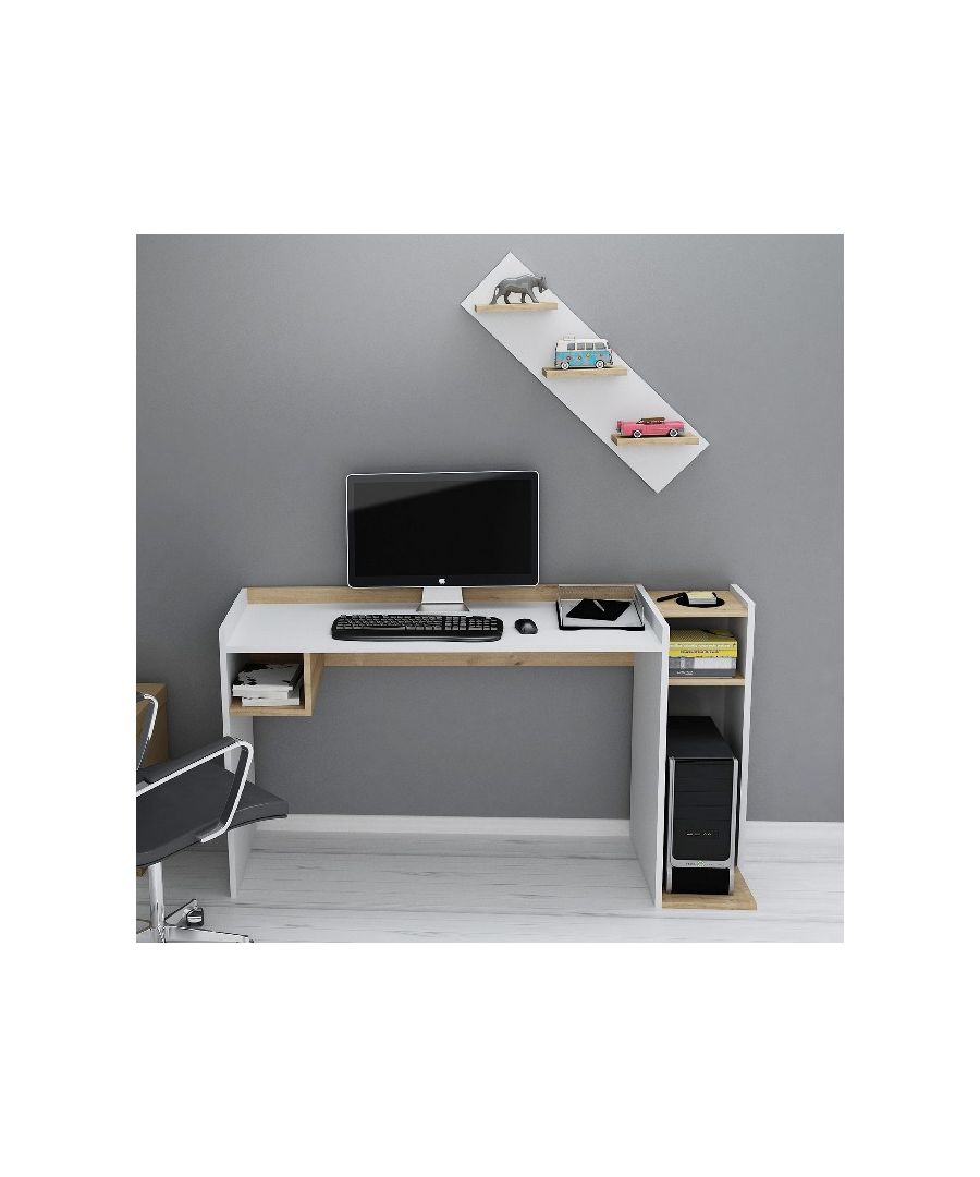This modern and functional desk is the perfect solution to make your work more comfortable. Suitable for supporting all PCs and printers. Thanks to its design it is ideal for both home and office. Mounting kit included, easy to clean and easy to assemble. Color: White, Oak | Product Dimensions: W146,8xD50xH80 cm, W80xD20xH15 cm | Material: Melamine Chipboard | Product Weight: 32 Kg | Supported Weight: 30 Kg | Packaging Weight: 33 Kg | Number of Boxes: 1 | Packaging Dimensions: 124x54x10 cm.