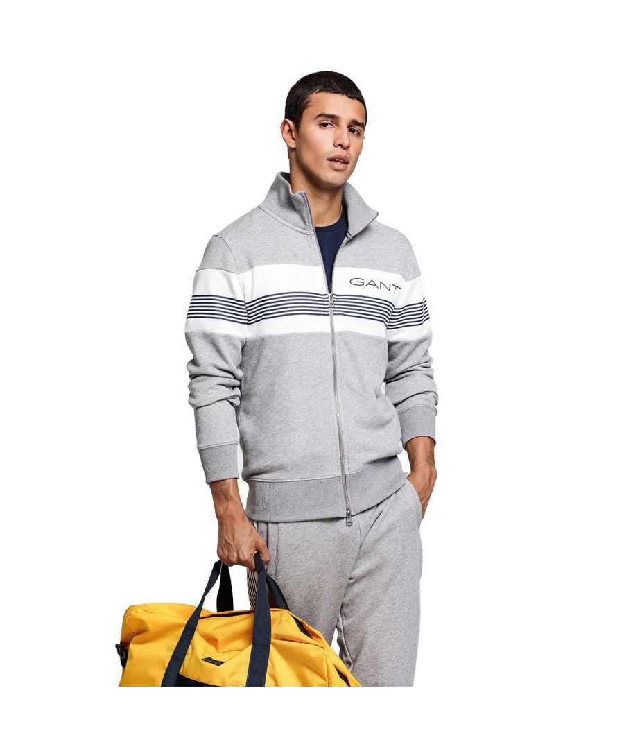 Gant Mens Zip Through Striped, Regular Fit, Full Zip, Sweatshirt. Features Ribbed Details On The Collar And Sleeves. Decorated With Stripes On The Chest.