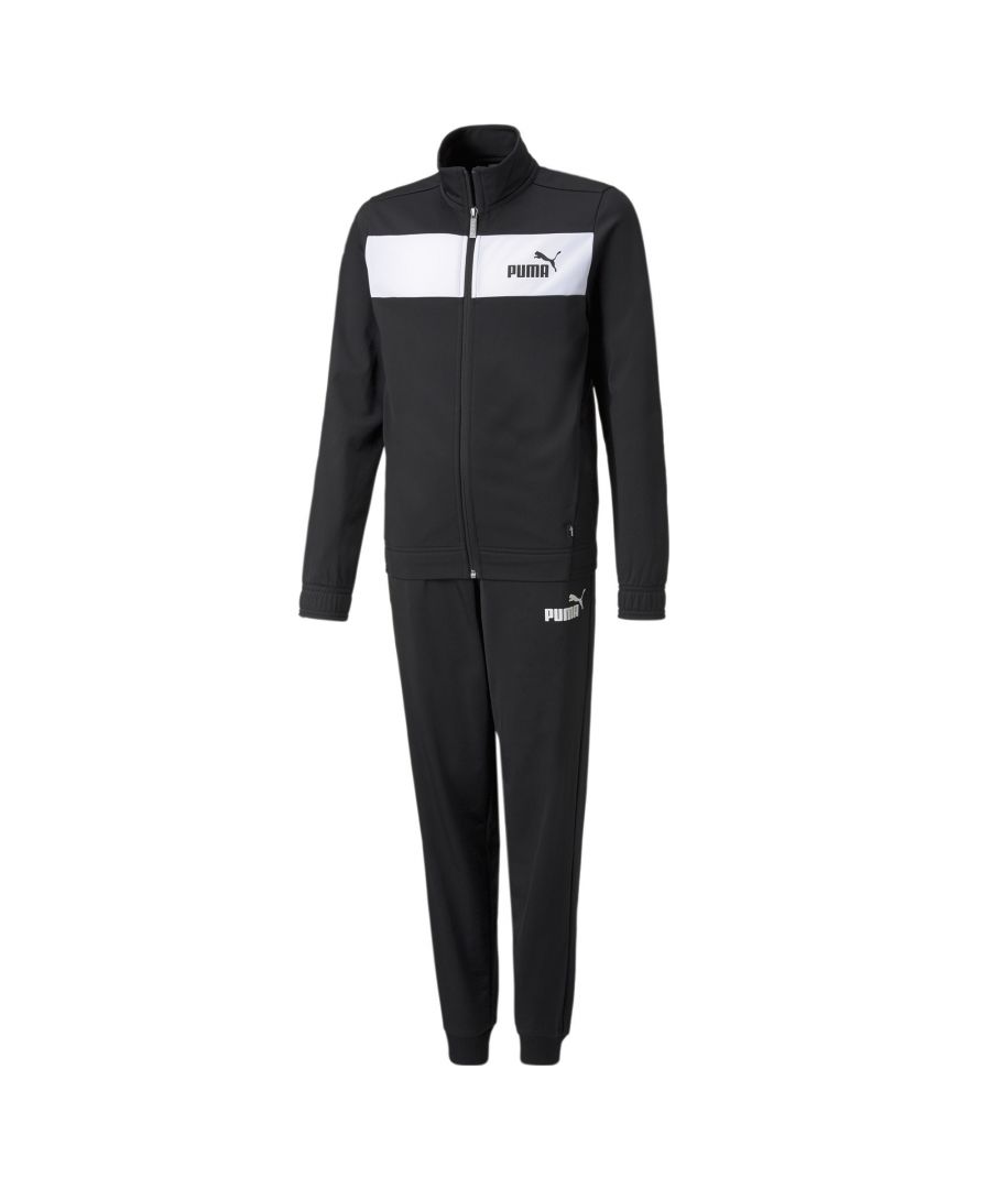 A match made in heaven: this natty tracksuit is the perfect pairing for a head-to-toe streetwear look, combining classic cuffed bottoms with a sleek high-collar track top. An athletic insert panel with stand-out PUMA branding at the chest and mirrored PUMA branding on the bottoms set this perfectly calibrated set off to perfection. FEATURES & BENEFITS Contains Recycled Material: Made with recycled fibers. One of PUMA's answers to reduce our environmental impact. DETAILS Regular fitFull-zip closure on top with stand-up collarSide seam pockets on top and pantsForwarded side seams on top for freedom of movement and an athletic fitElastic cuffs and waistband on topElastic cuffs on bottomsElastic waistband with internal drawcord on bottomsPUMA No. 1 Logo rubber print at left chestPUMA No. 1 Logo rubber print at left leg