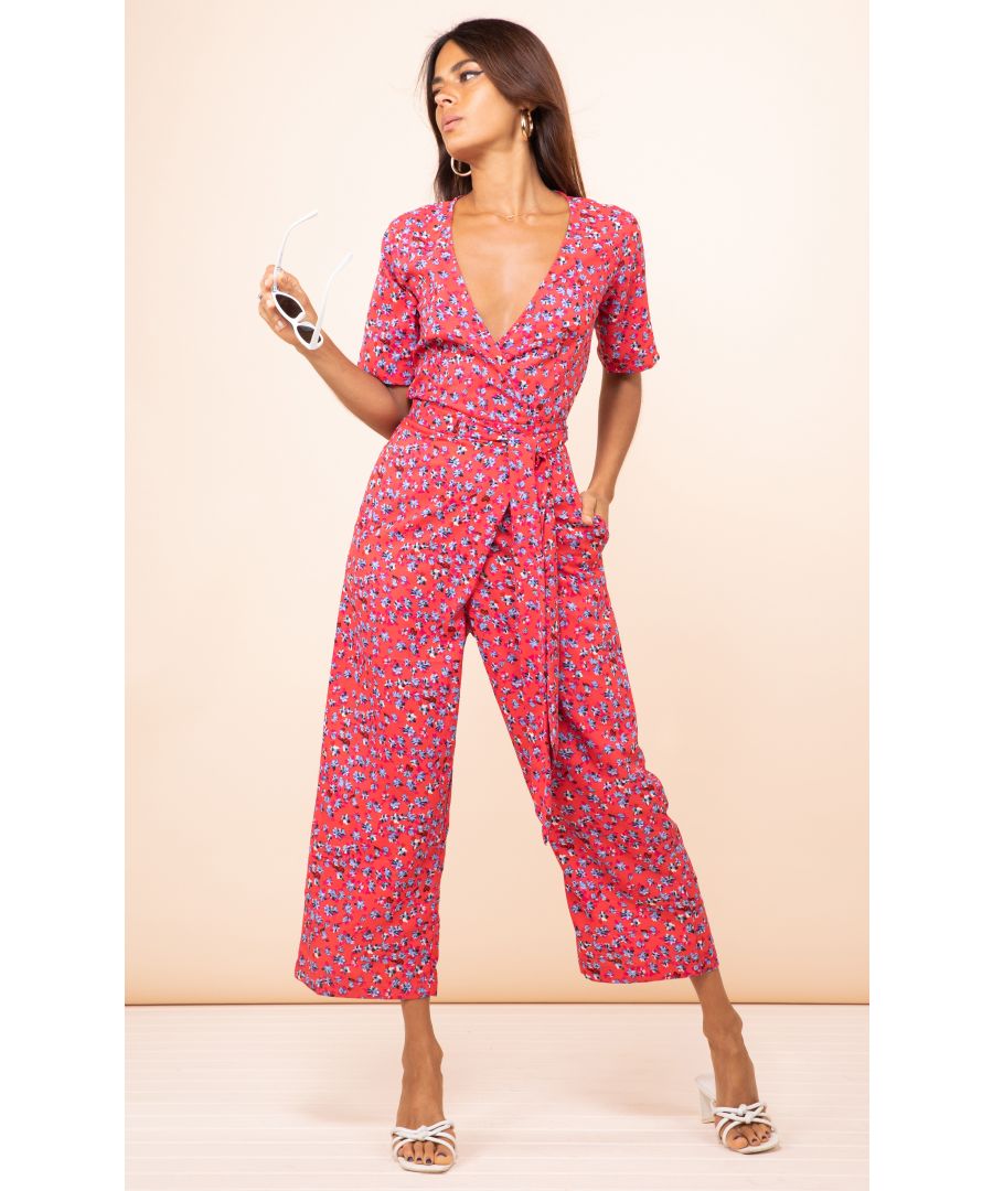 Wrap jumpsuit with sash tie, elbow length sleeves and ankle length trouser