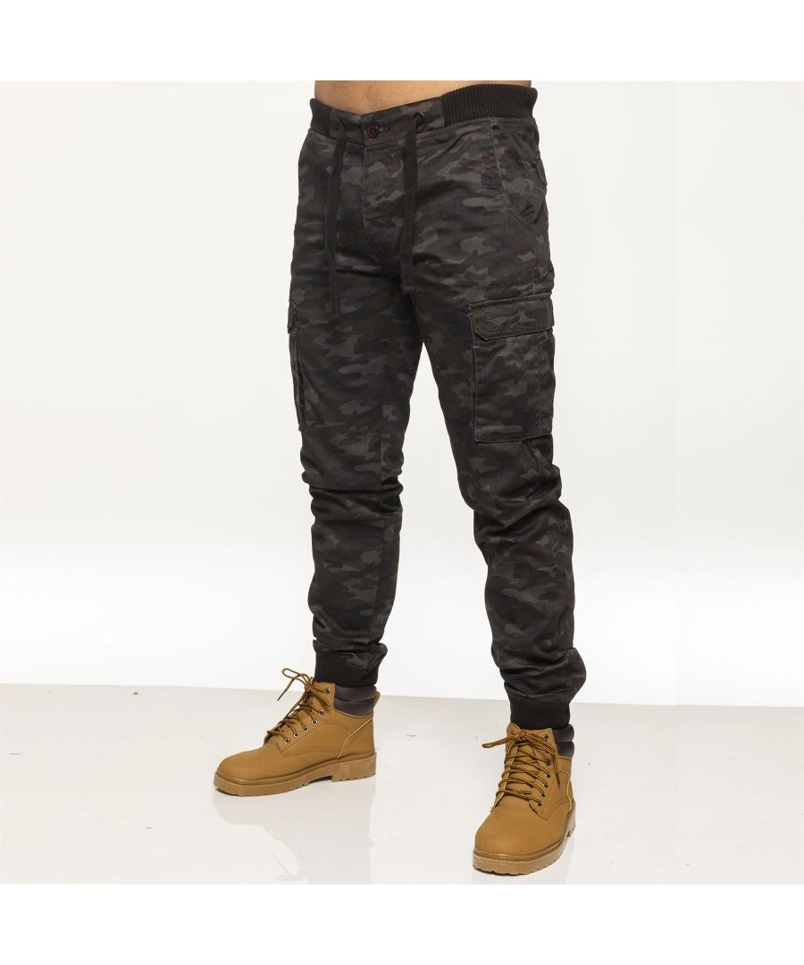 Enzo Men’s Camo Combat Cuffed Jogger Style Trousers in Dark Grey, 65% Polyester, 35% Cotton, Elasticated Waist with Drawcord and Secured by Button, Mid Rise, Elasticated Ribbed Waist and Cuffs, 2 Front Pockets, 2 Buttoned Back Pockets and 2 Velcro Side Pockets, Zip Fly Fastening, Machine washable, Suitable For All Year Round Wear And Casual Occasions.