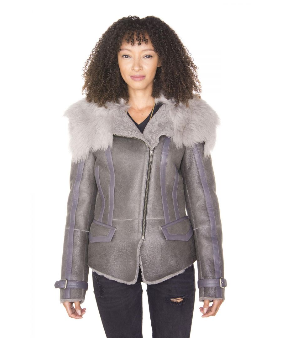 Infinity Leather Womens Grey Toscana Shearling Flying Jacket-Teresina - Size 18 UK